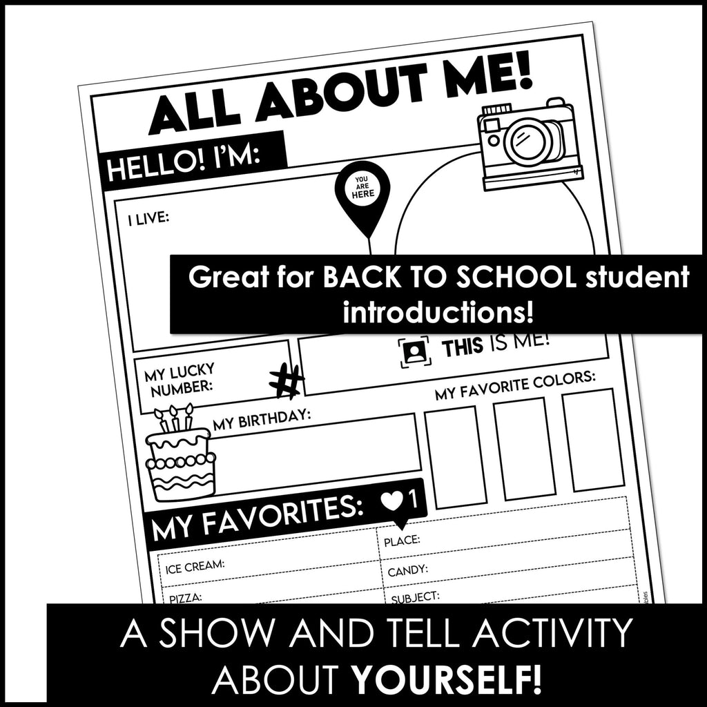 ABOUT ME - Back to School Show and Tell Student Introduction Worksheets - Hot Chocolate Teachables