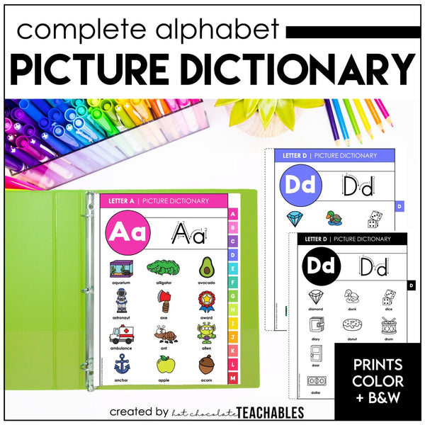 Alphabet Picture Dictionary from A to Z - Spelling & Writing Notebook Reference - Hot Chocolate Teachables