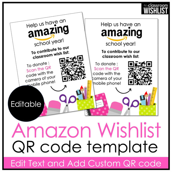 Amazon Classroom Wishlist QR Code Editable Cards - Back To School - PTA / PTO - Hot Chocolate Teachables