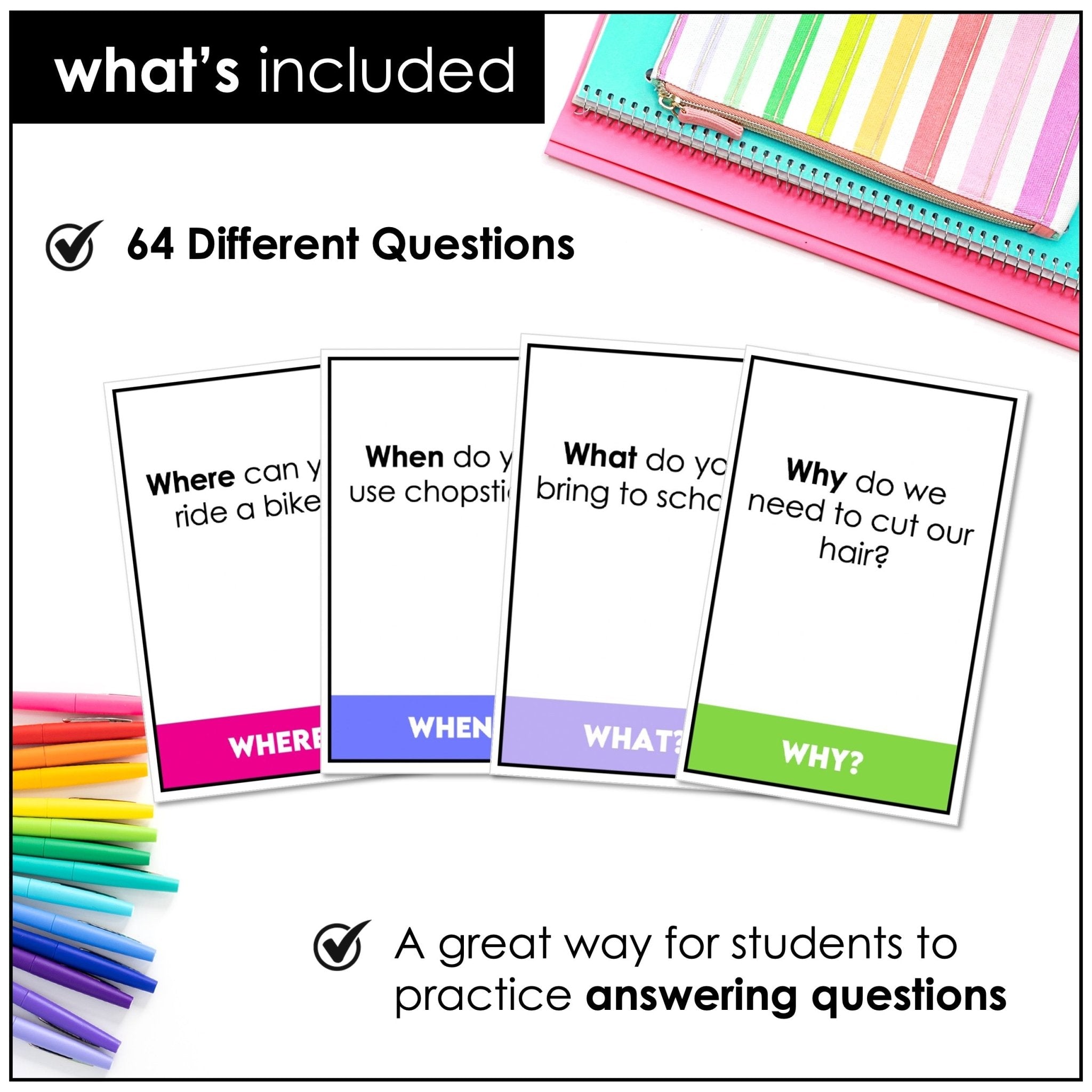 Answering WH Questions | ESL Conversation Speaking Prompt Cards What, When, Where & Why - Hot Chocolate Teachables