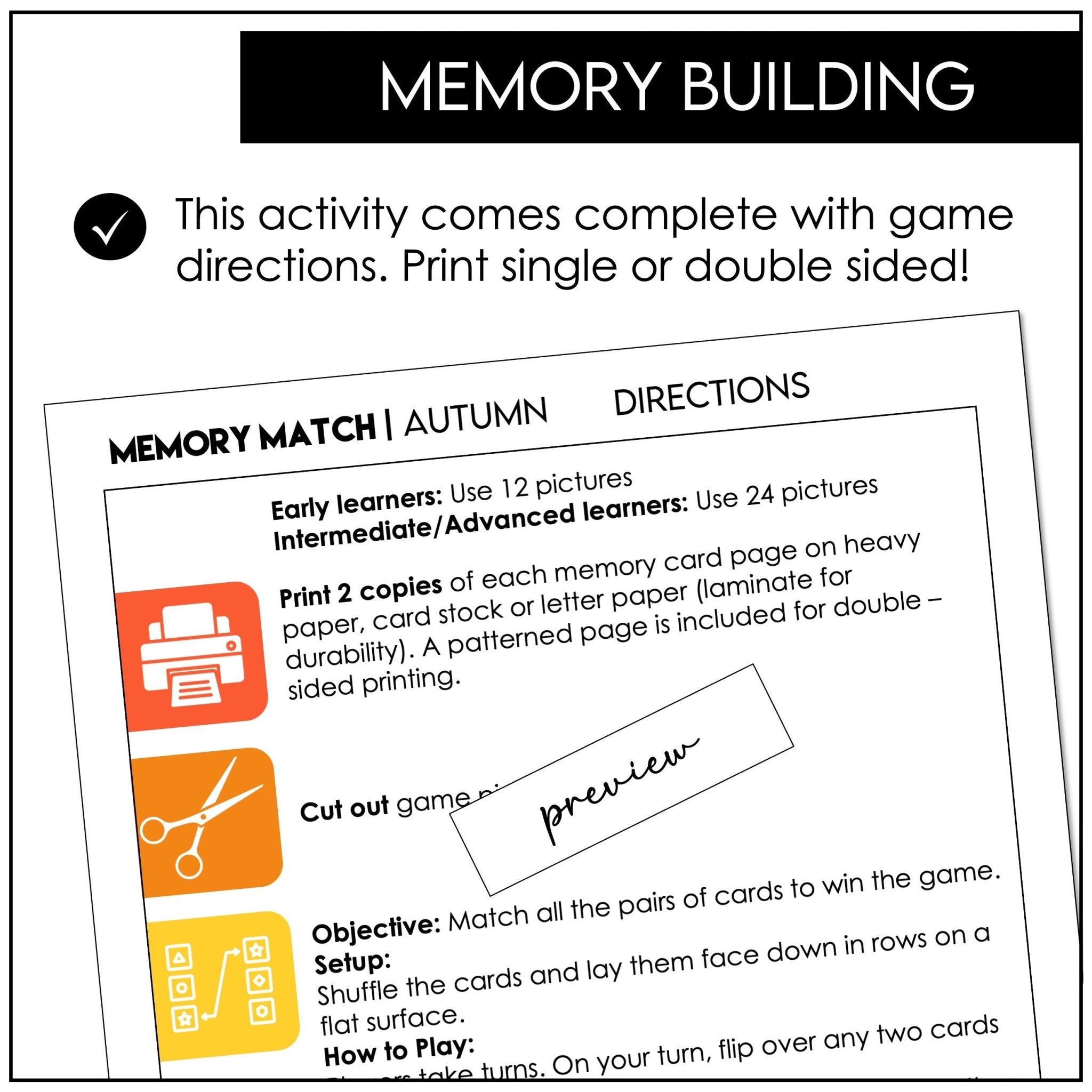 Autumn Vocabulary Memory Match Game – 24 Fall Picture Cards - Hot Chocolate Teachables