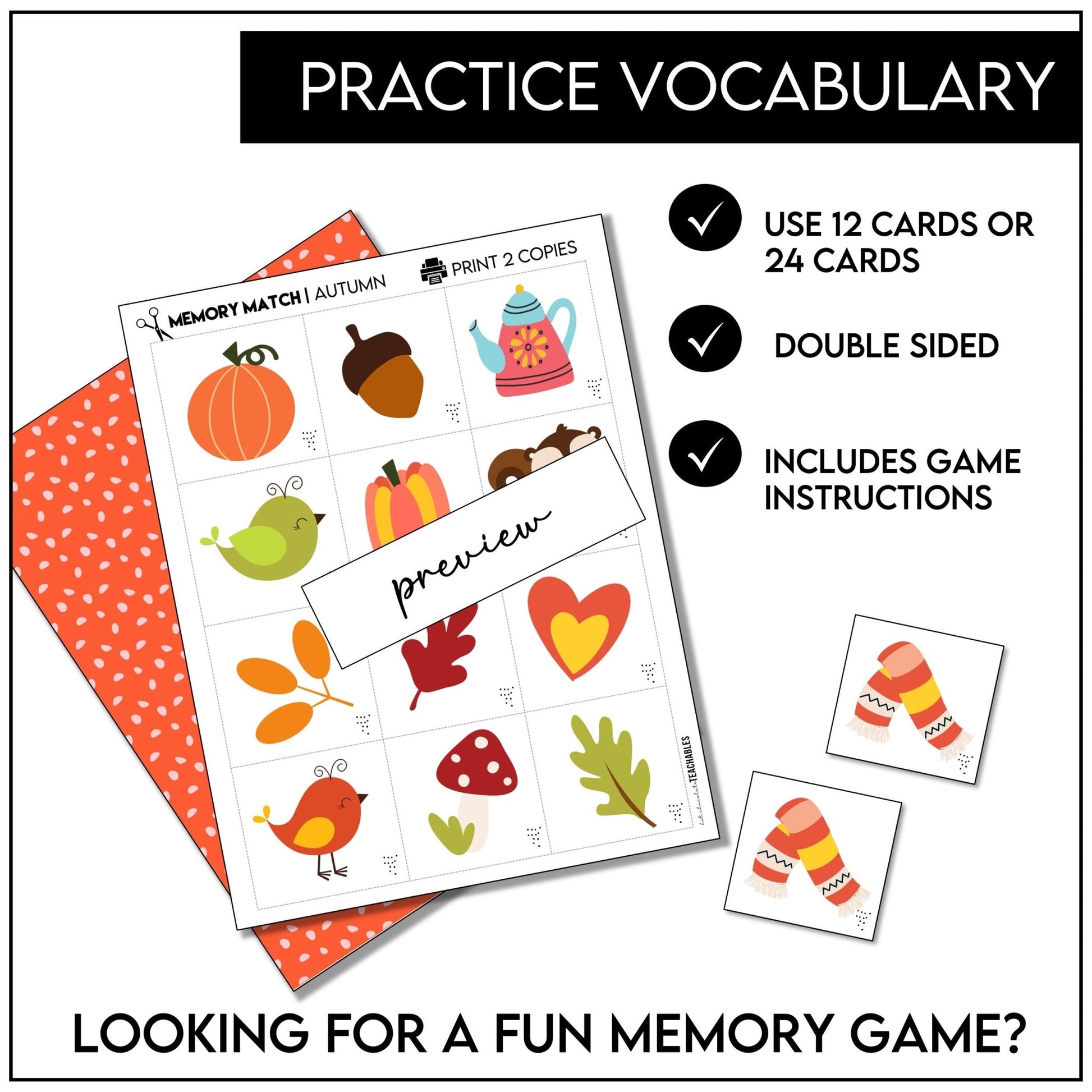 Autumn Vocabulary Memory Match Game – 24 Fall Picture Cards - Hot Chocolate Teachables