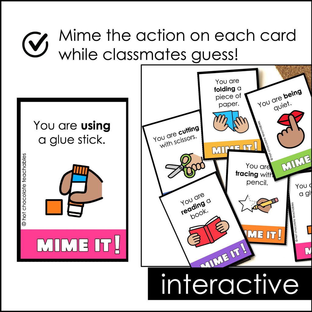 Back to School Verb Charades | Miming Game Cards for Kids - Hot Chocolate Teachables