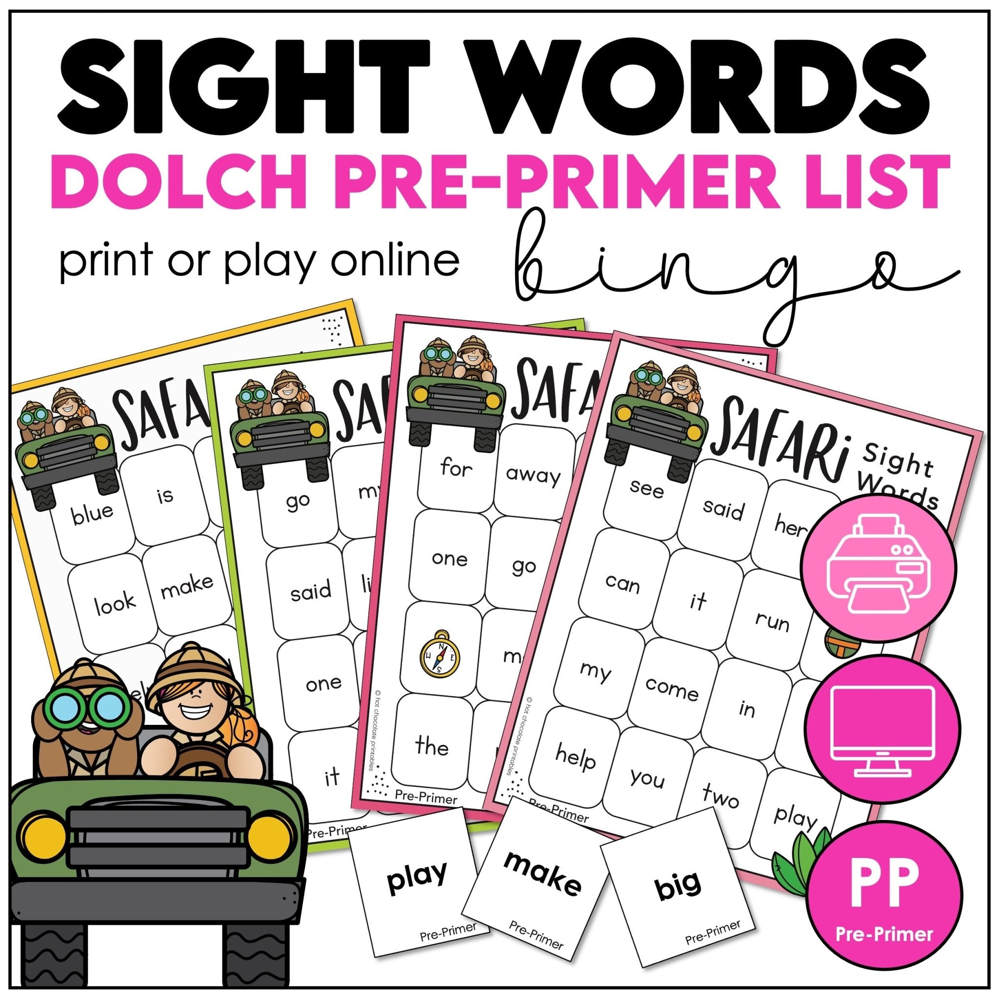 Beginning Sight Words Bingo Game | Pre - Primer Word List Pre - K | K | ESL - Hot Chocolate Teachables