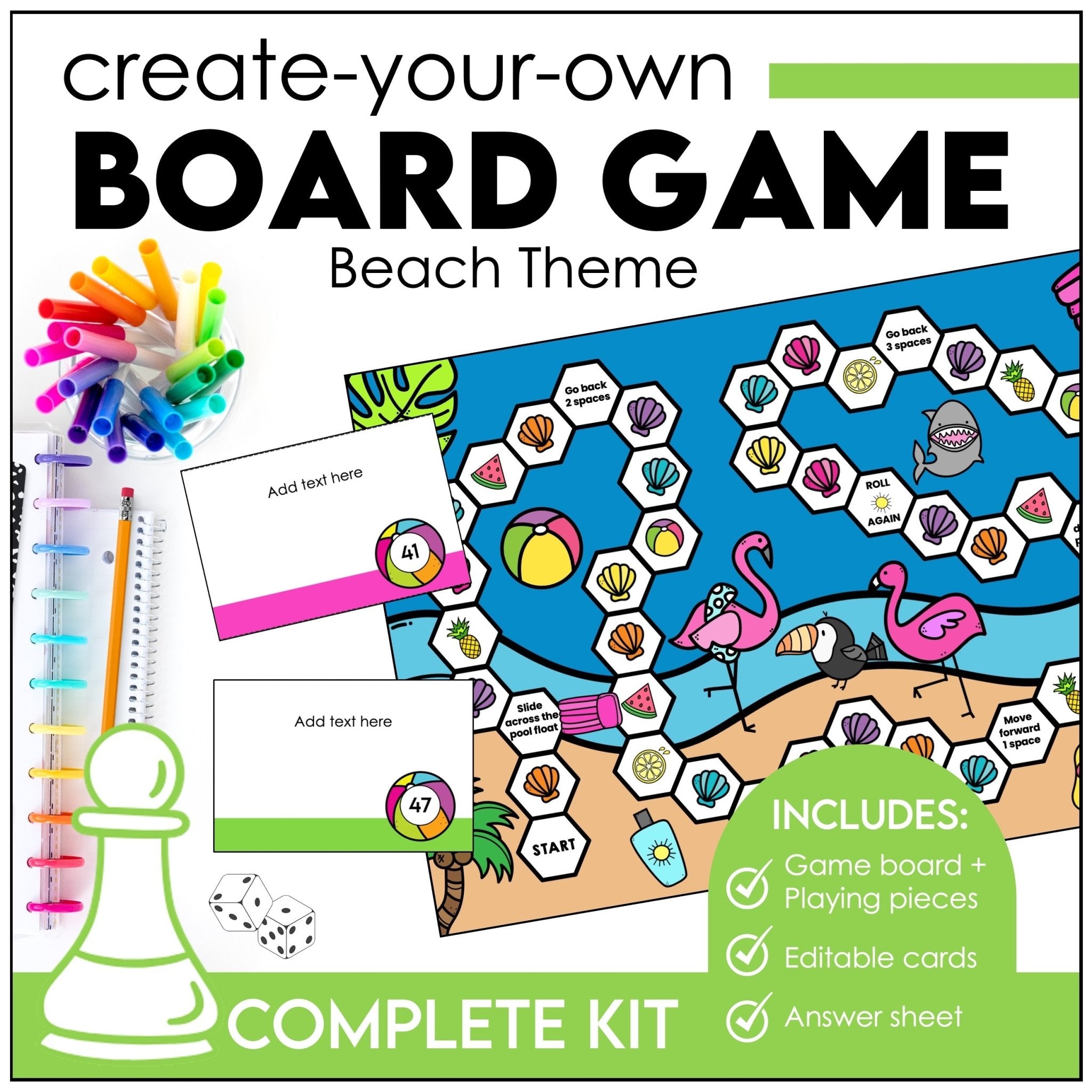 Board Game Template for any Subject with Editable Game Cards - Beach Theme - Hot Chocolate Teachables
