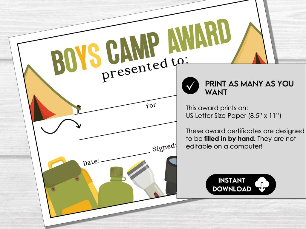 Boys Camp Awards, Summer Camp Certificate for Kids, Printable Certificate of Participation - Hot Chocolate Teachables