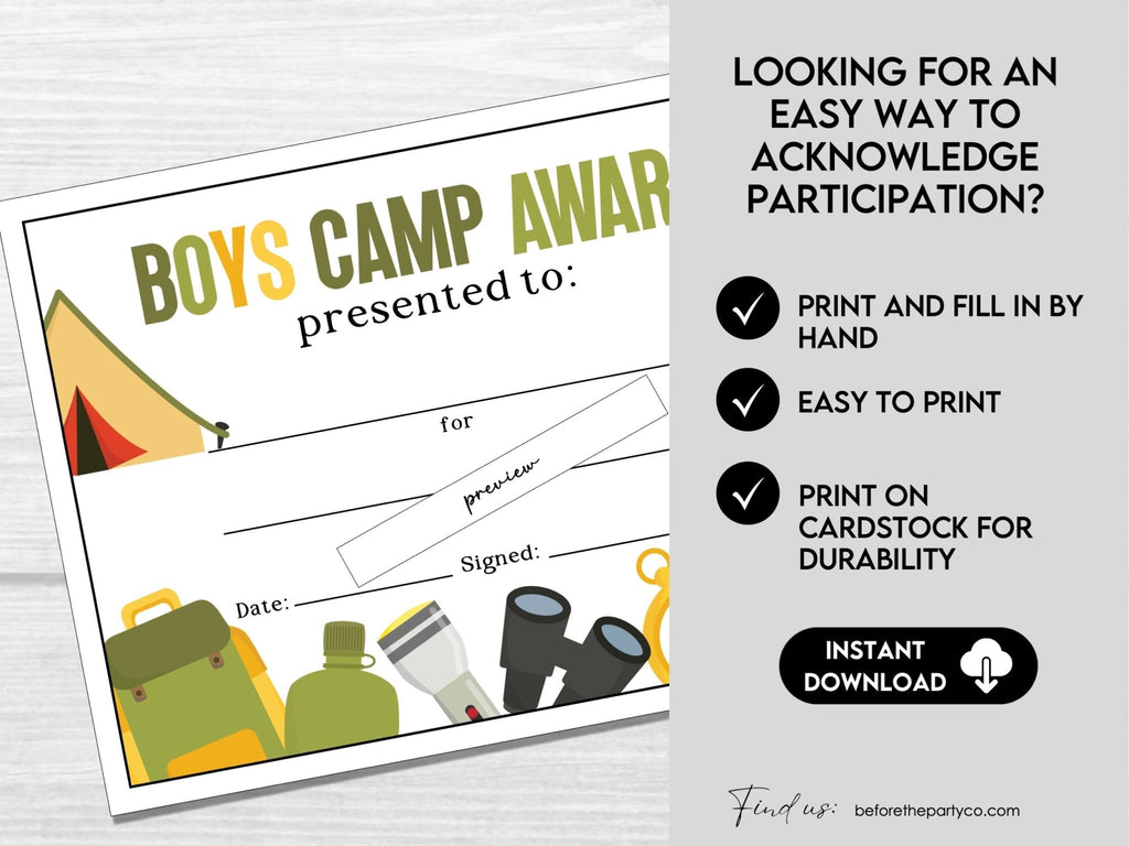 Boys Camp Awards, Summer Camp Certificate for Kids, Printable Certificate of Participation - Hot Chocolate Teachables