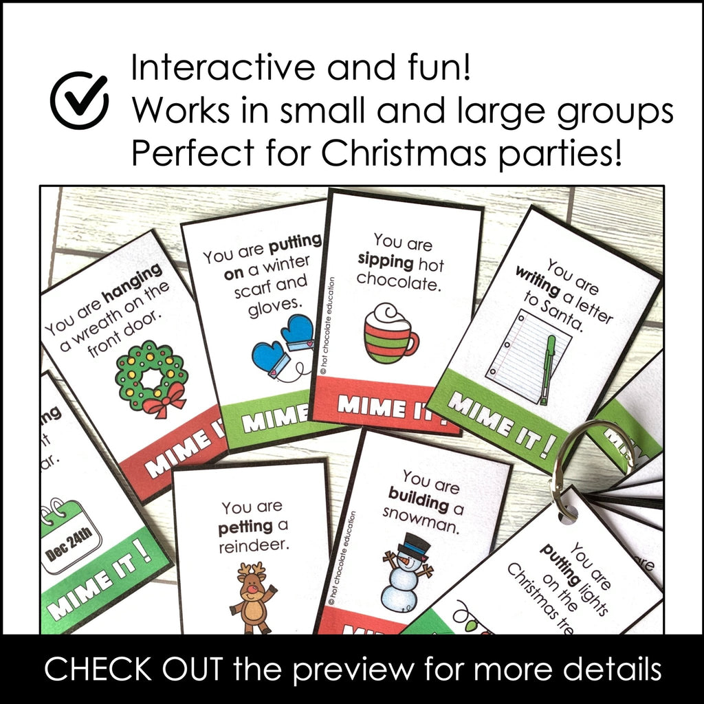 Christmas Action Verb Charades - Present Continuous Miming Cards - Hot Chocolate Teachables