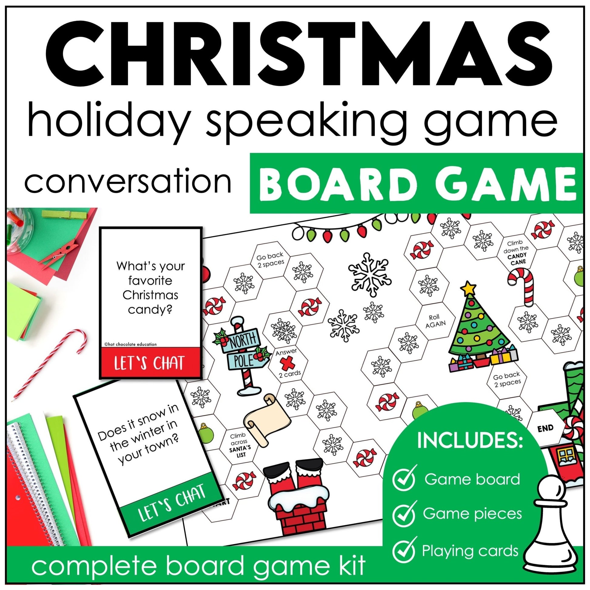 Christmas Conversation Question Board Game - 40 Holiday Question Prompts - Hot Chocolate Teachables