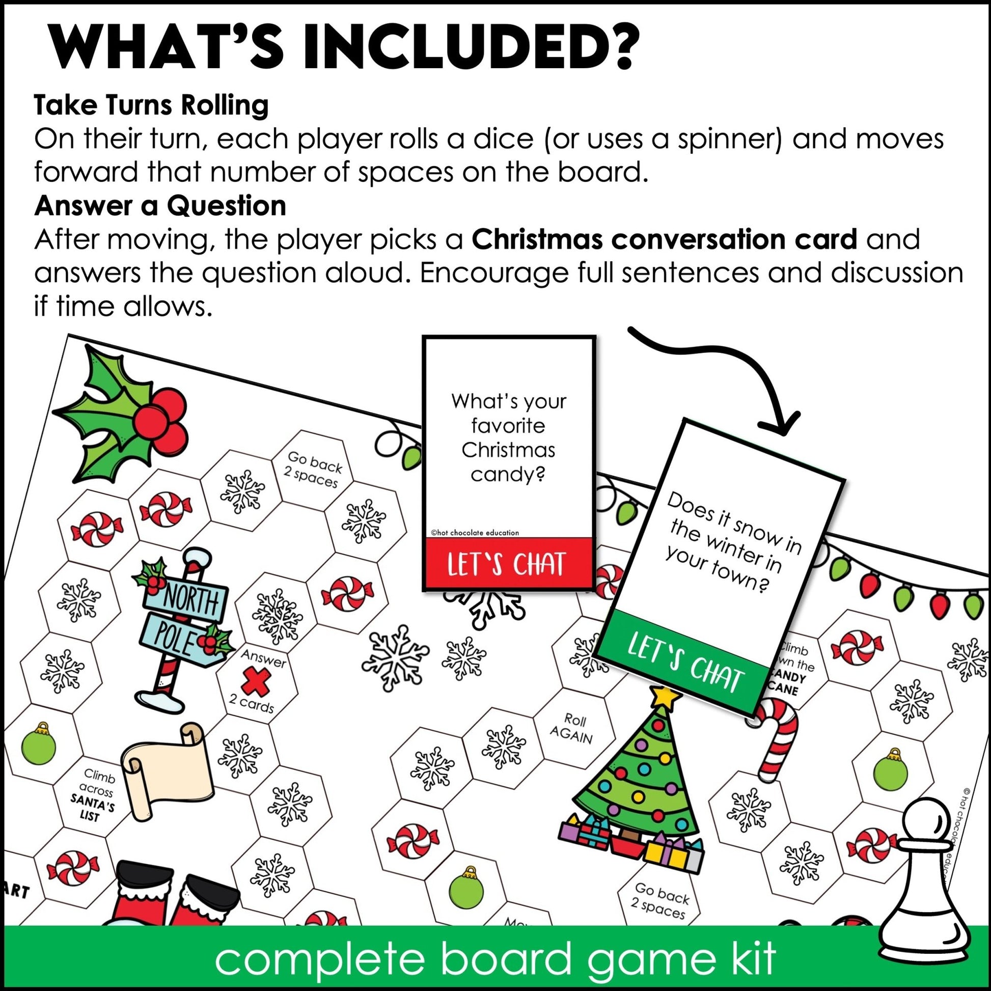 Christmas Conversation Question Board Game - 40 Holiday Question Prompts - Hot Chocolate Teachables