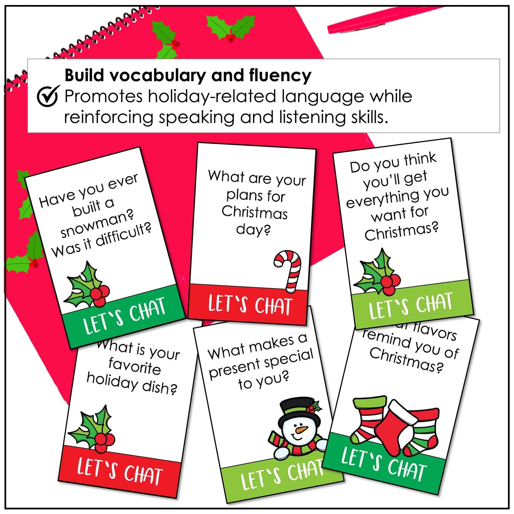 Christmas Conversation Question Card Set - 40 Cards - Hot Chocolate Teachables
