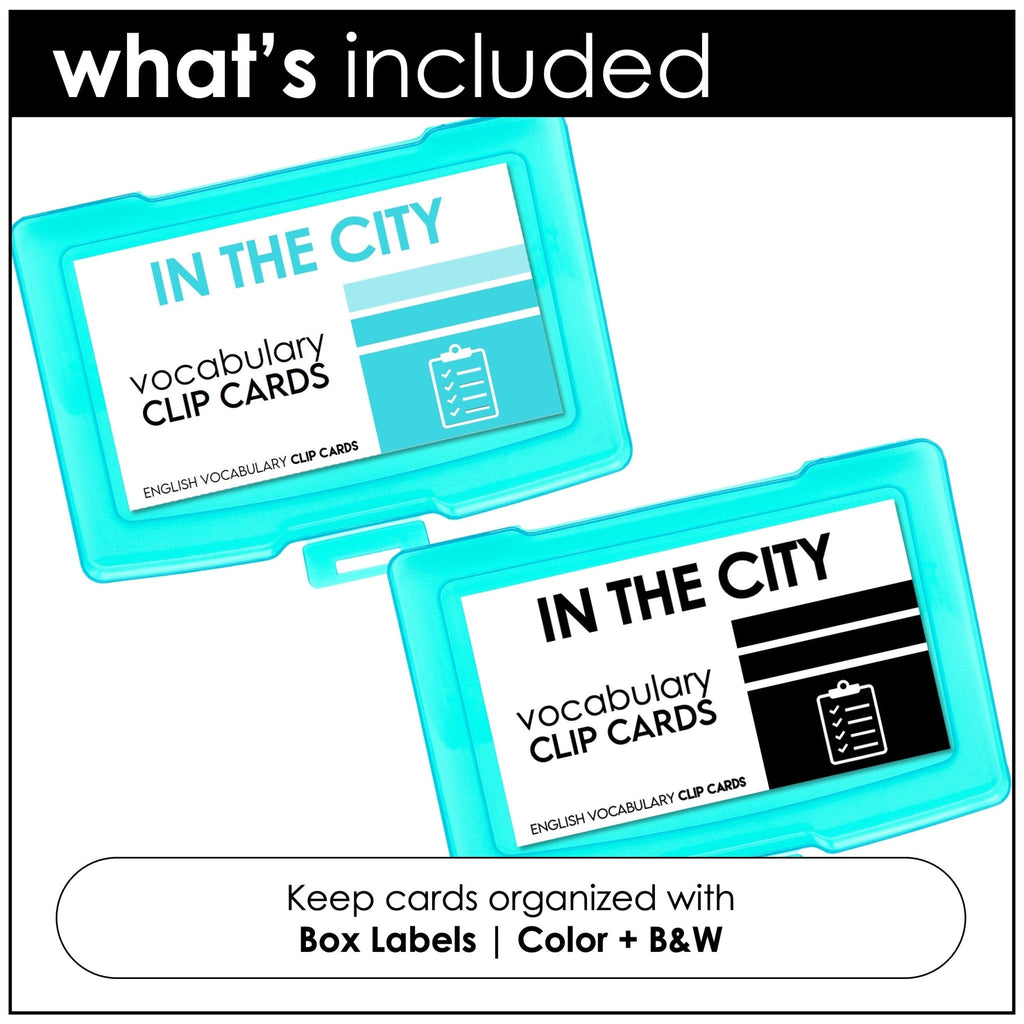 City Vocabulary CLIP CARD activity task cards | Shops and Buildings in a Town - Hot Chocolate Teachables