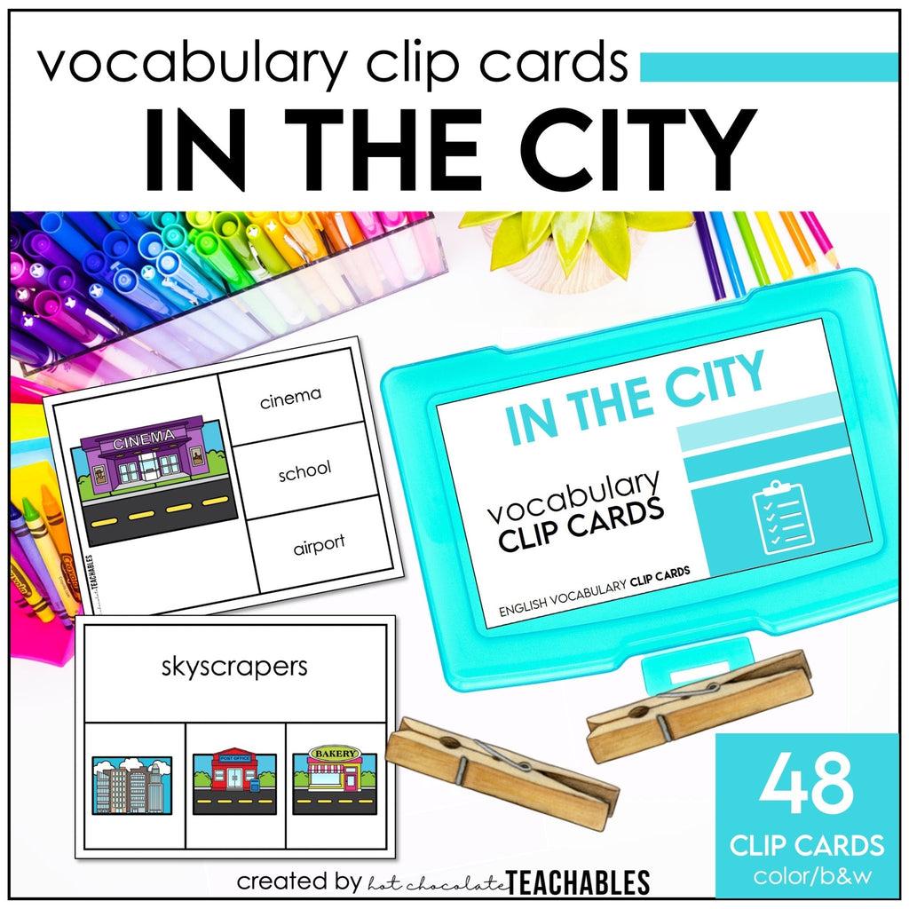 City Vocabulary CLIP CARD activity task cards | Shops and Buildings in a Town - Hot Chocolate Teachables