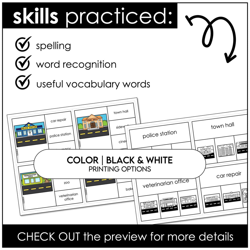 City Vocabulary CLIP CARD activity task cards | Shops and Buildings in a Town - Hot Chocolate Teachables