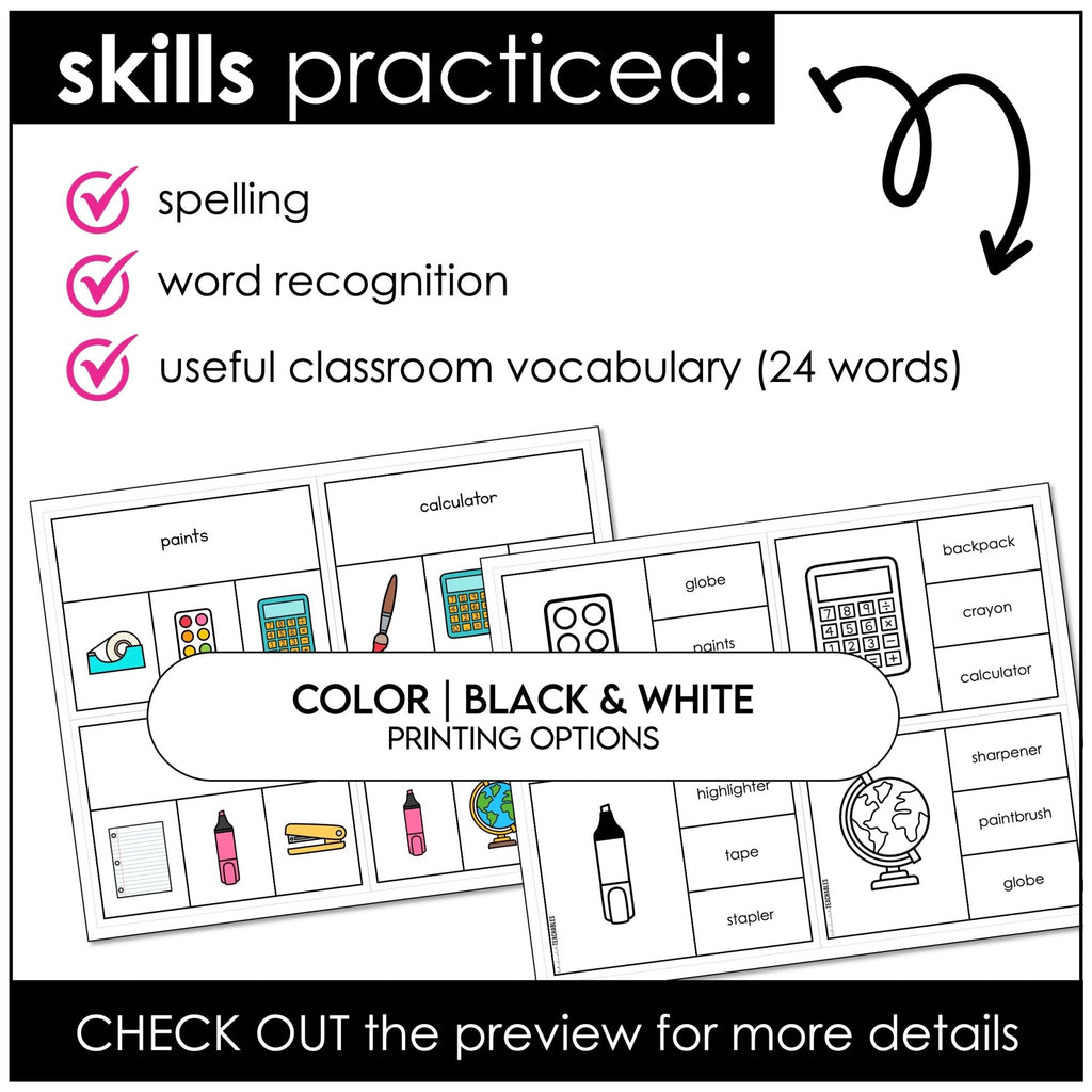 Classroom & School Supplies Vocabulary CLIP CARDS for ELL - ESL - EFL - Hot Chocolate Teachables