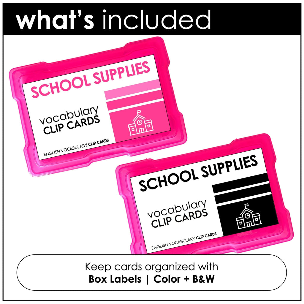 Classroom & School Supplies Vocabulary CLIP CARDS for ELL - ESL - EFL - Hot Chocolate Teachables