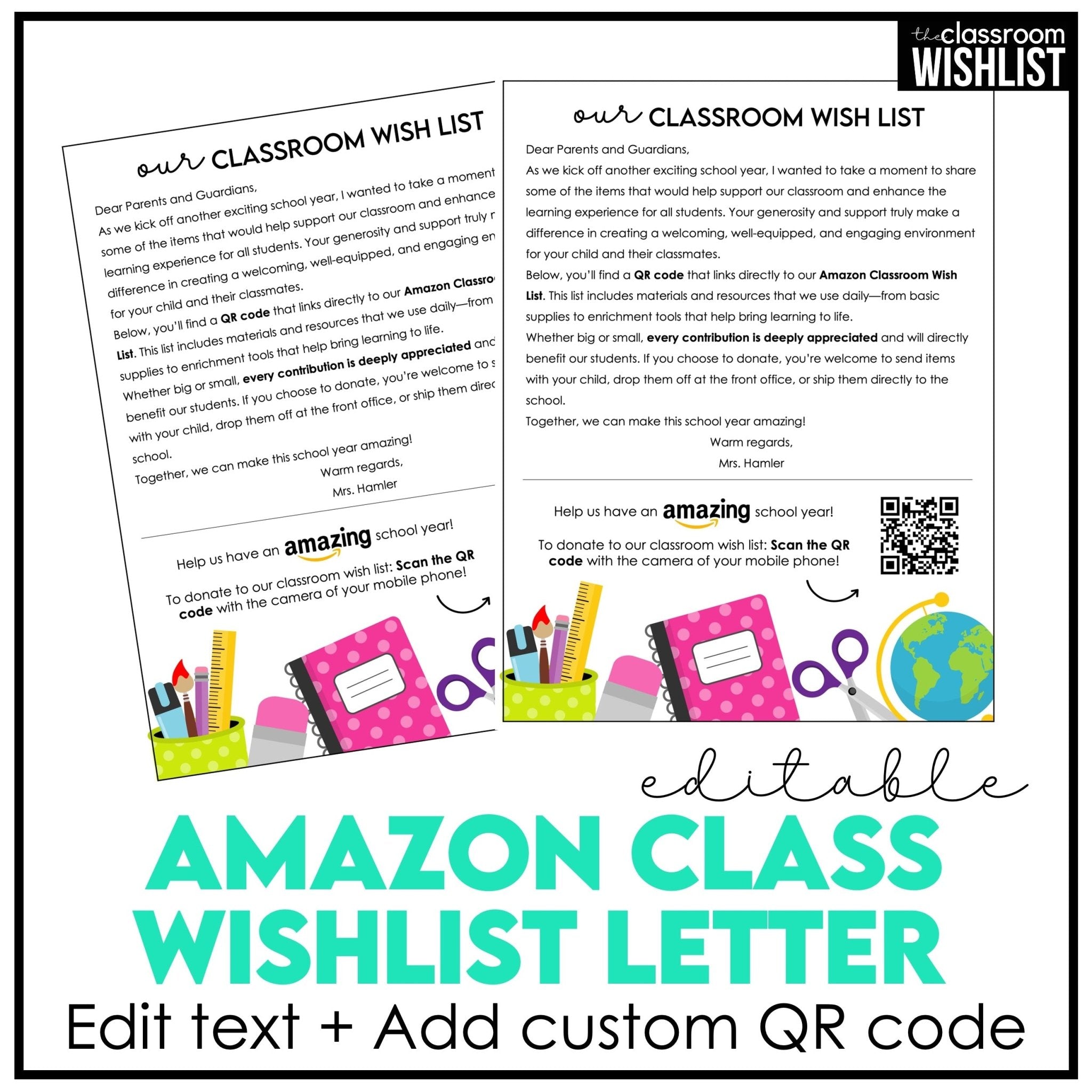 Classroom Wish List Editable Parent Letter with QR Code for Back To School - Hot Chocolate Teachables