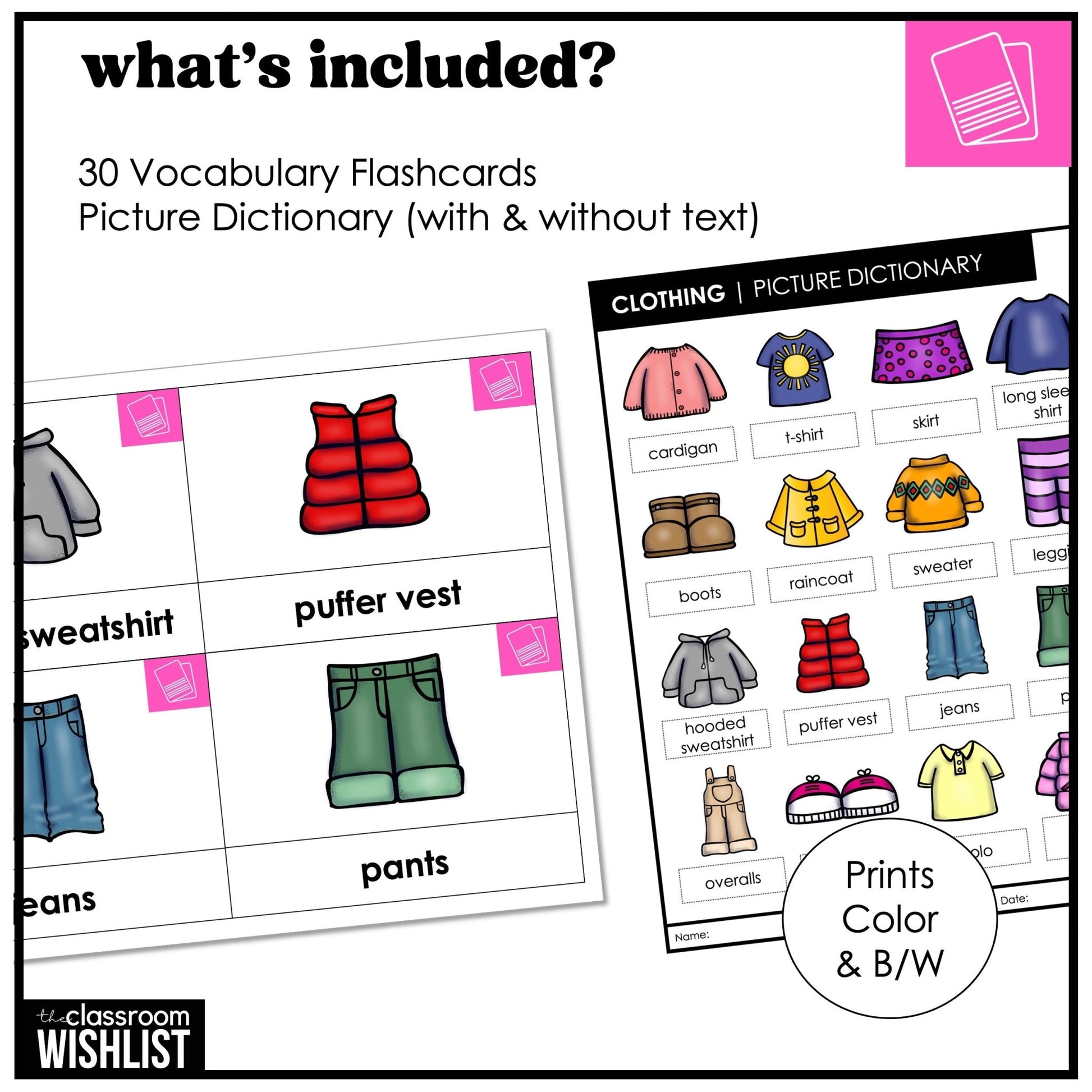 Clothes Vocabulary Pack: Flashcards & Picture Dictionary for ESL / ELL / ELA - Hot Chocolate Teachables
