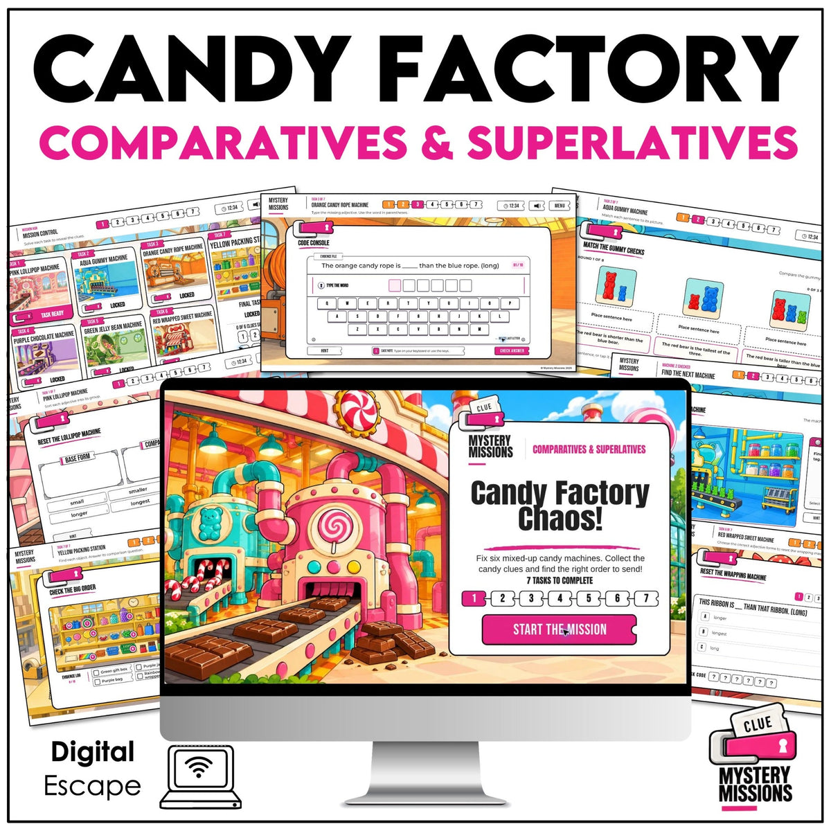 Candy Factory Chaos comparatives and superlatives digital escape game