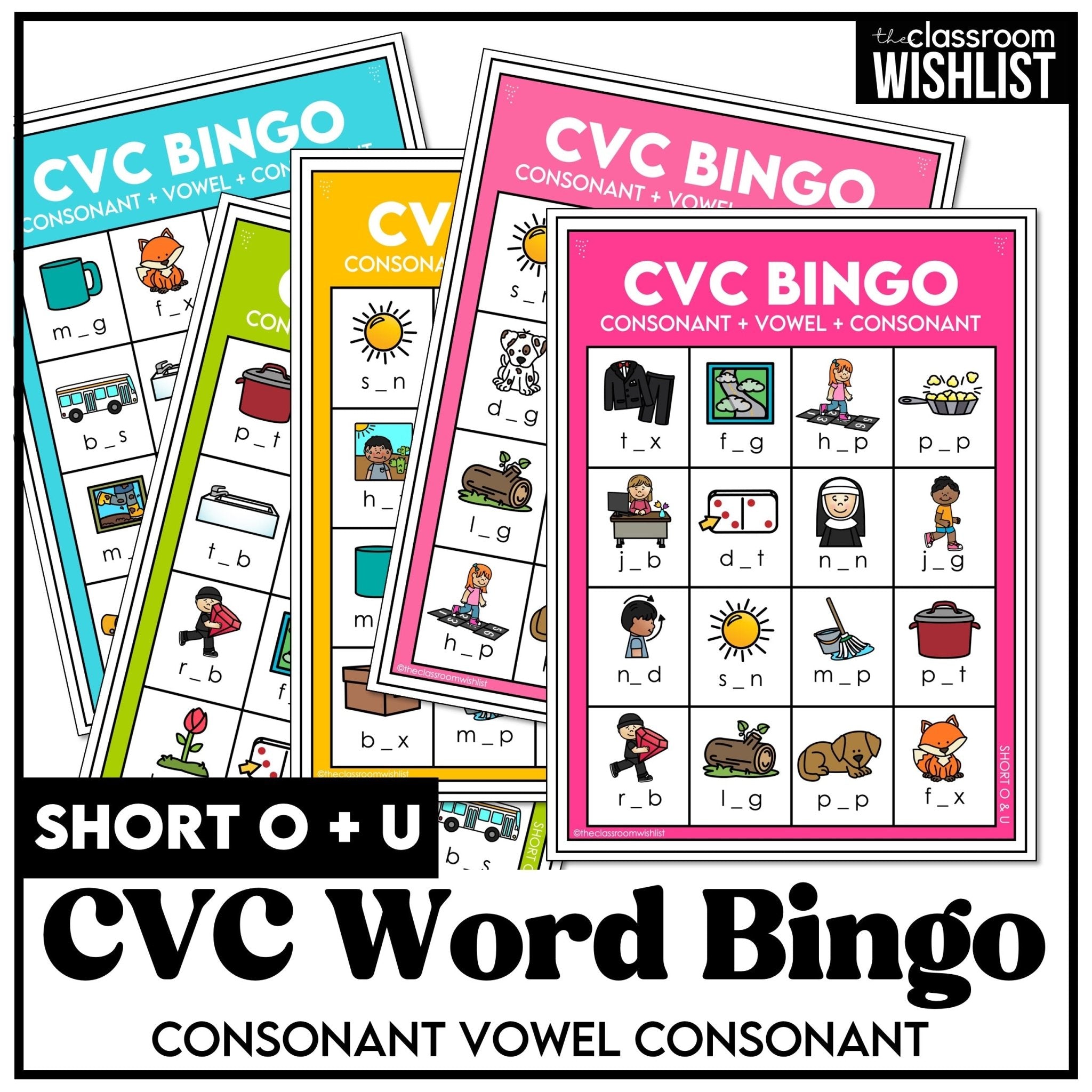 CVC Short O & U - Missing Vowel Bingo Game - Reading Practice Bingo - Hot Chocolate Teachables