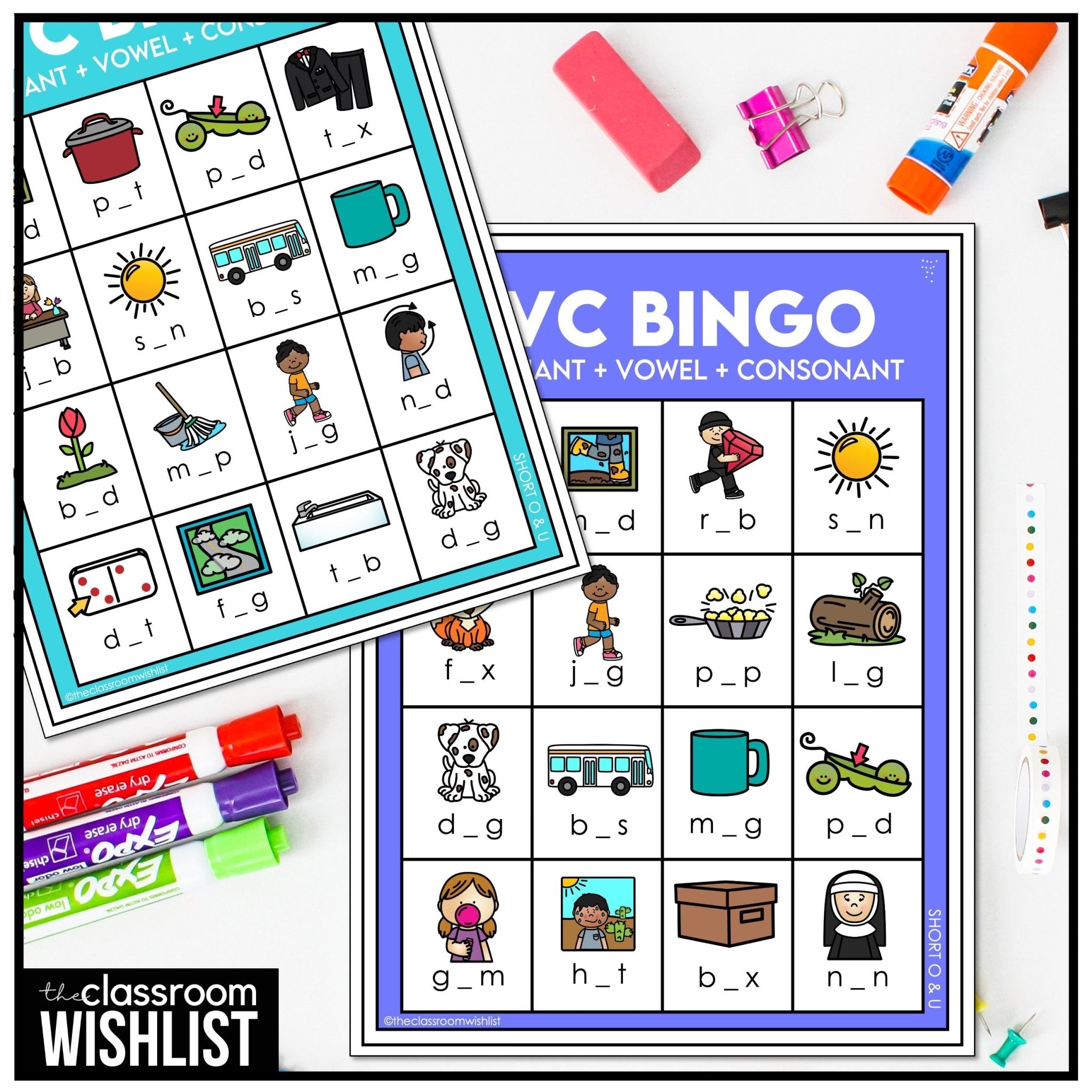 CVC Short O & U - Missing Vowel Bingo Game - Reading Practice Bingo - Hot Chocolate Teachables