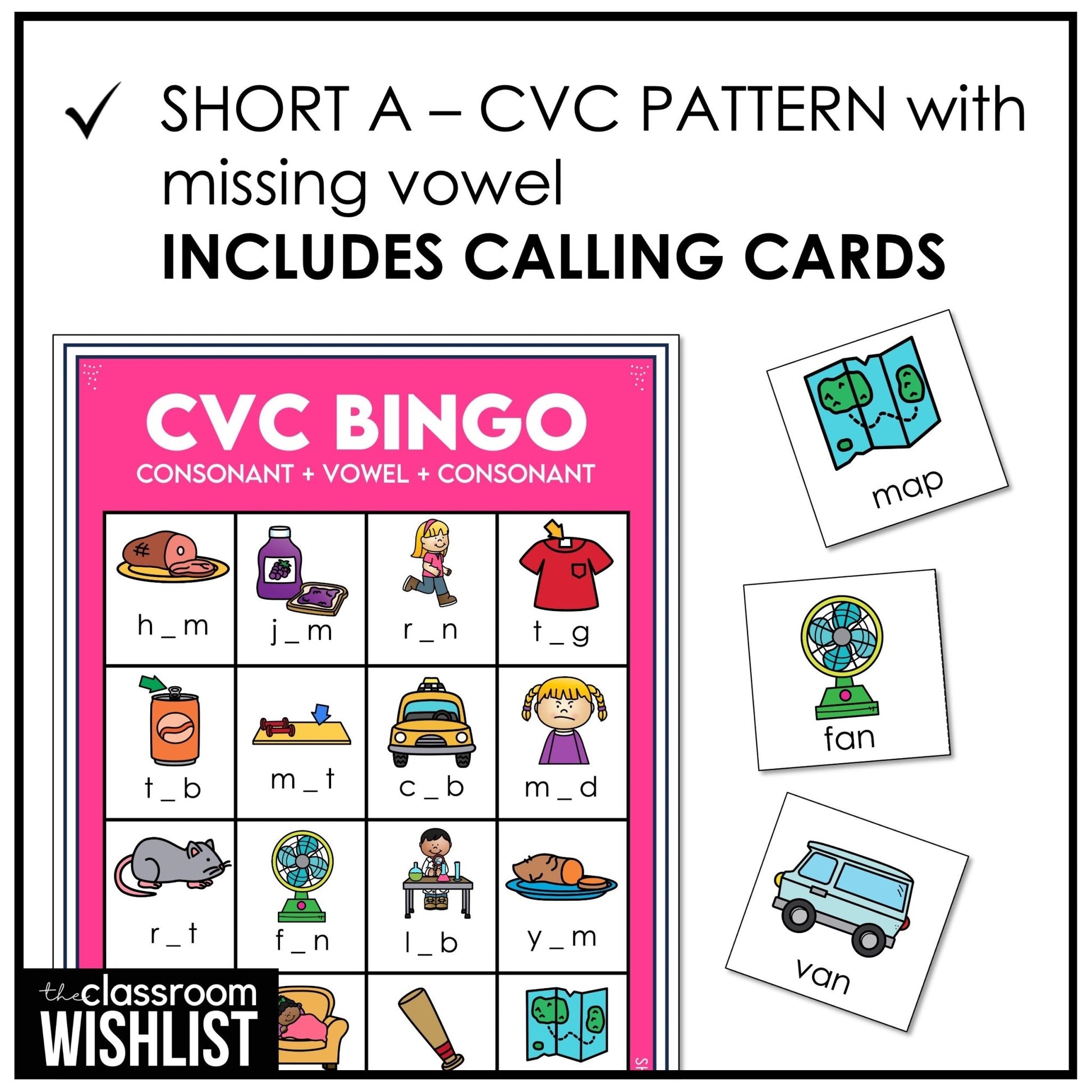 CVC Word Bingo Game - Short A - Missing Vowel Vocabulary Practice - Hot Chocolate Teachables