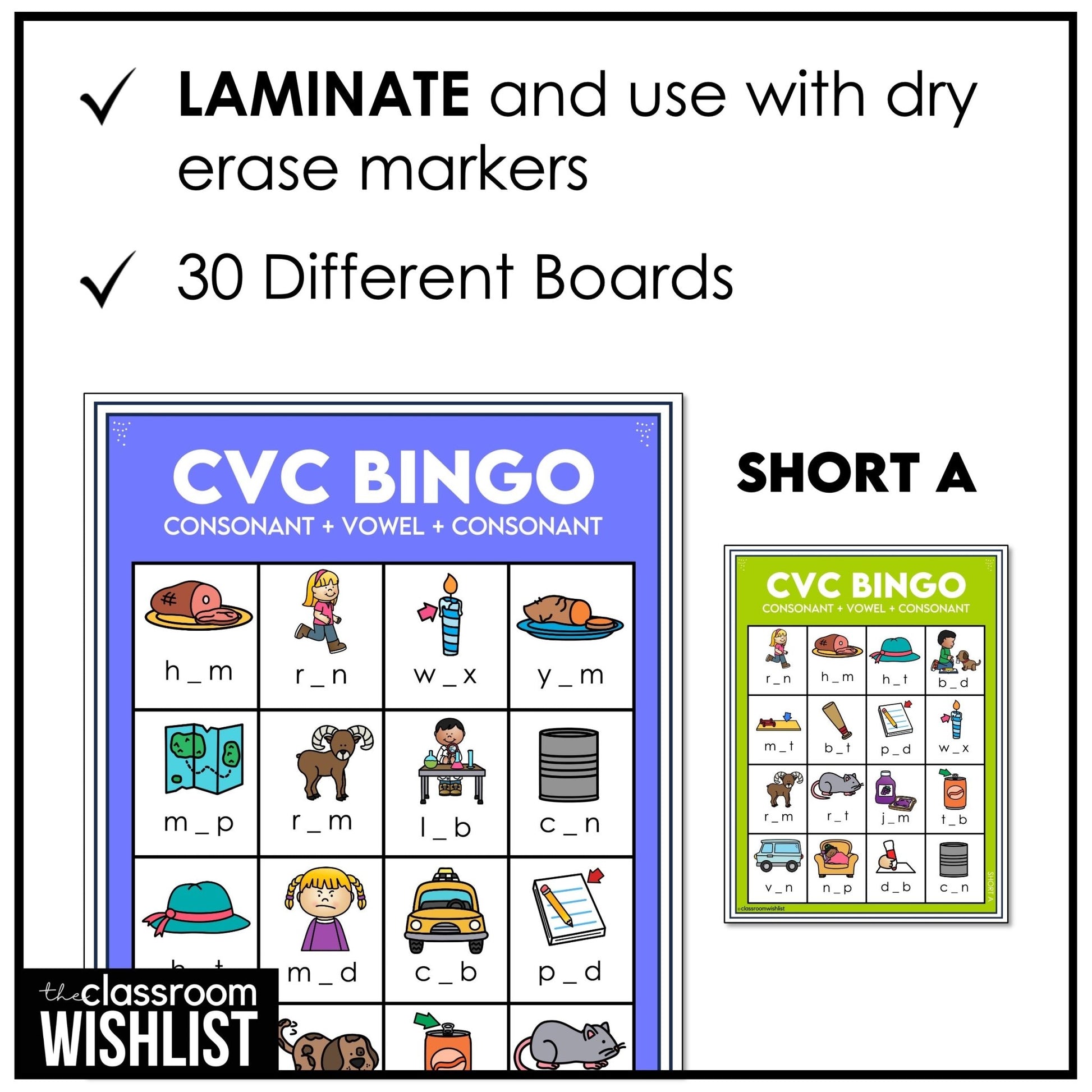 CVC Word Bingo Game - Short A - Missing Vowel Vocabulary Practice - Hot Chocolate Teachables