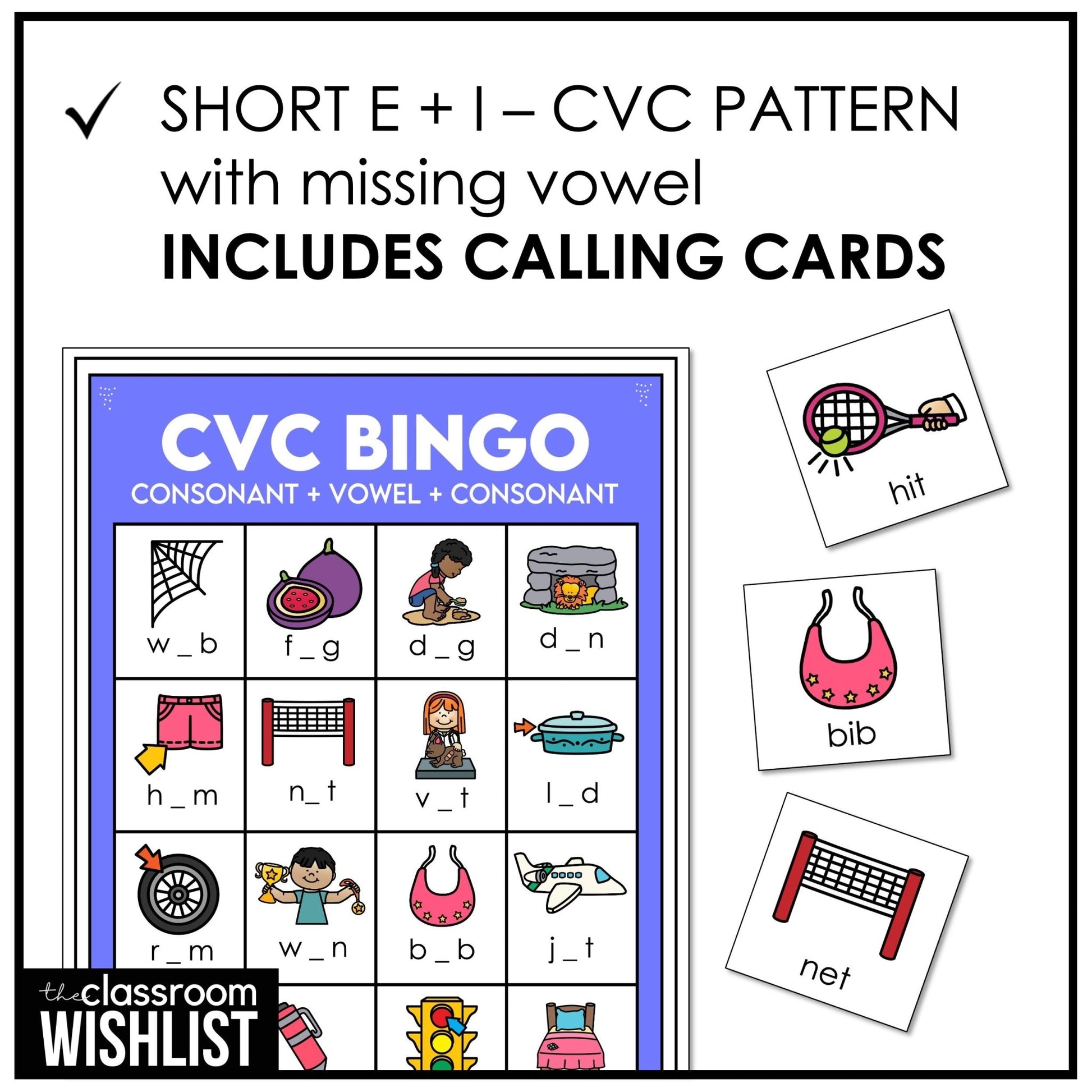 CVC Word Bingo Game - Short E & I - Missing Vowel Vocabulary Practice - Hot Chocolate Teachables