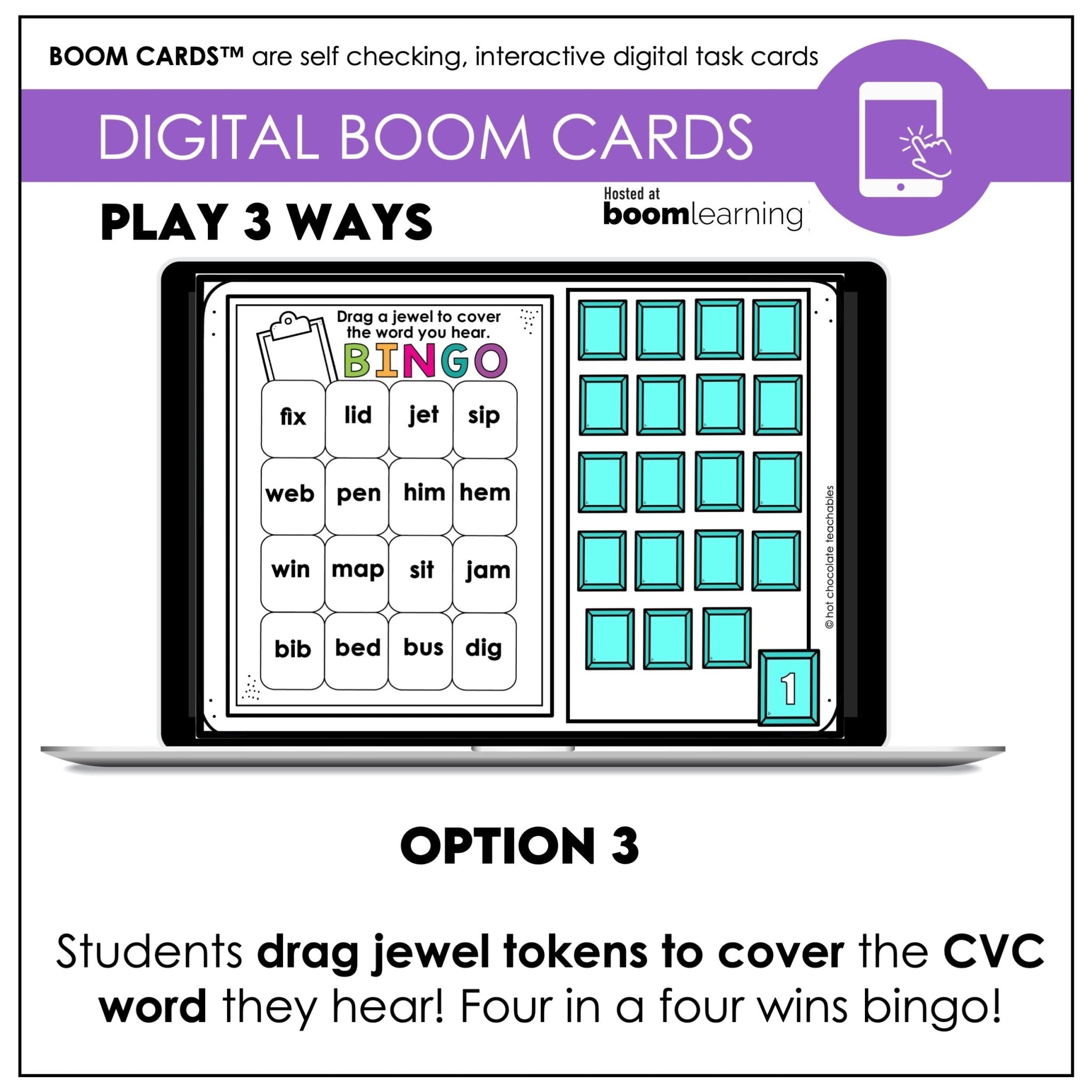 CVC Word Fluency for ESL Digital Bingo Game - Boom Cards - Short Vowels - Hot Chocolate Teachables