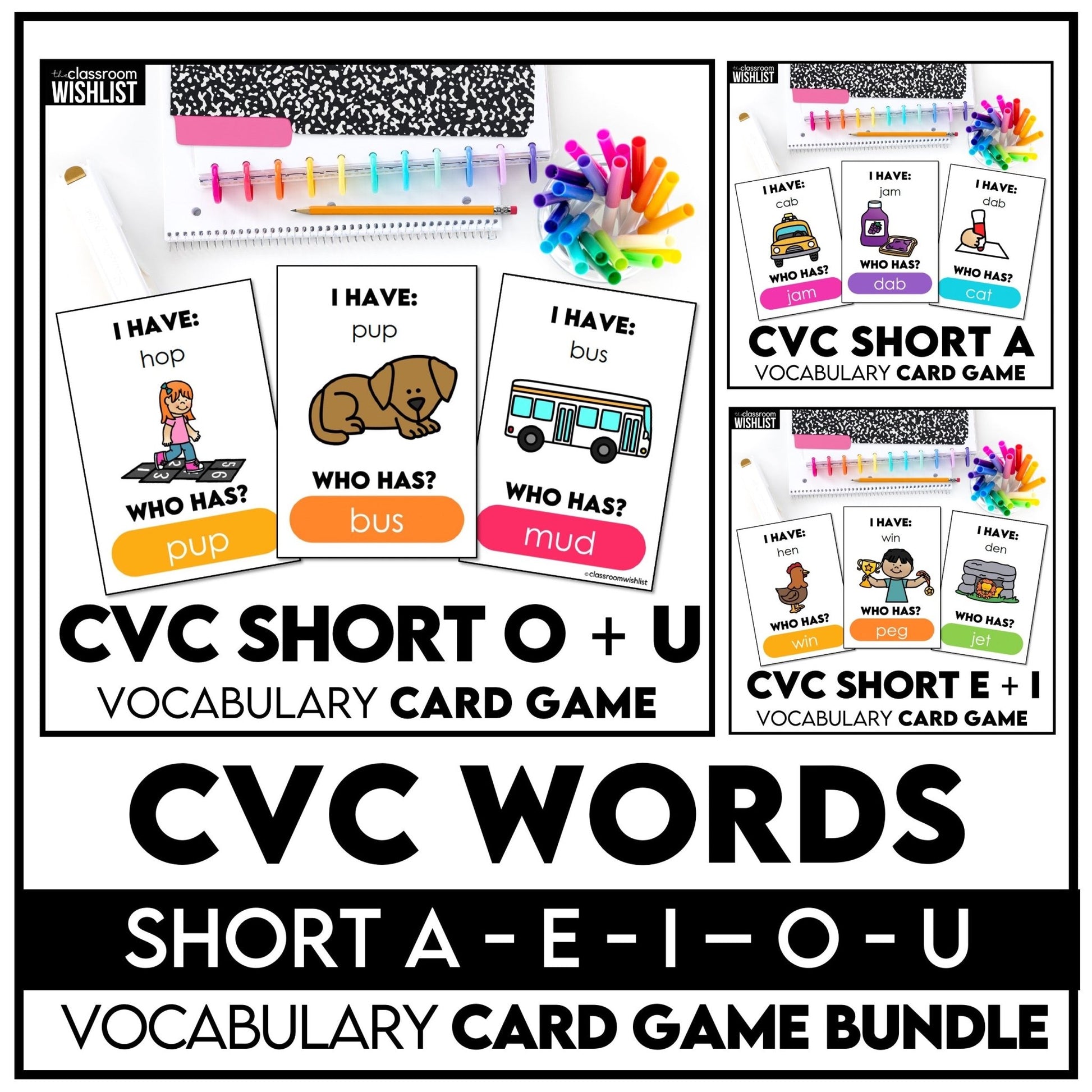 CVC Words I Have, Who Has? Card Game Bundle | Short Vowels A, E, I, O, U - Hot Chocolate Teachables