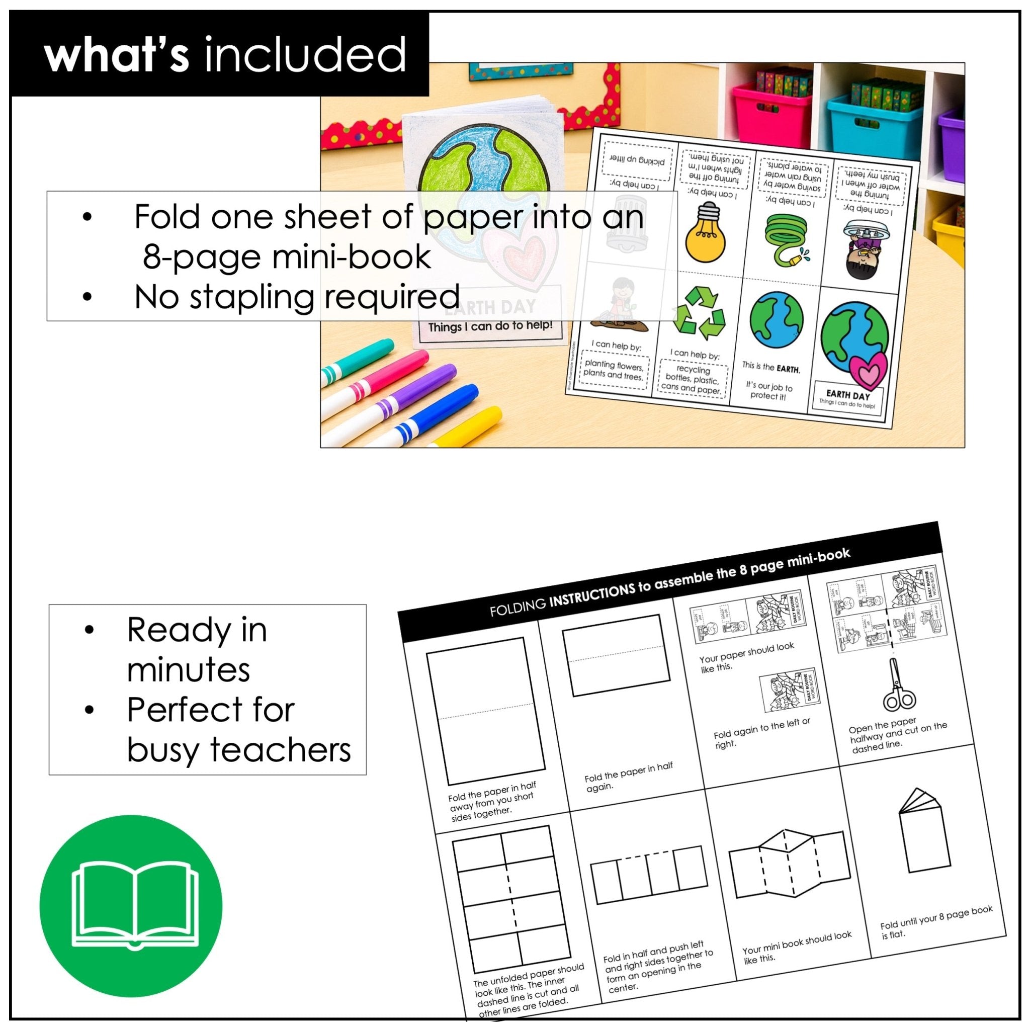 Earth Day Foldable Mini Book Template | ESL Simple Writing Activity - Hot Chocolate Teachables