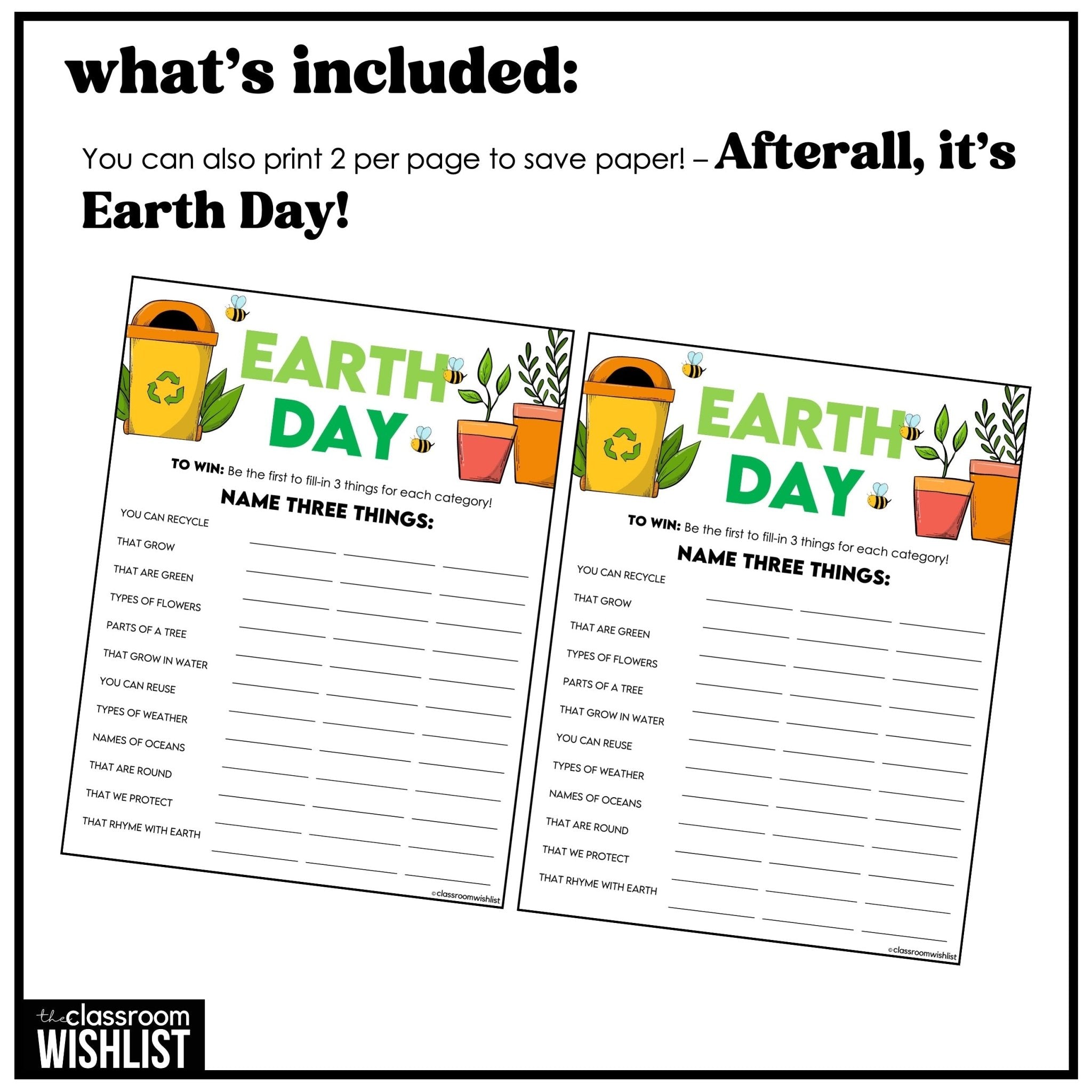 Earth Day Vocabulary Game | Name Three Things | Earth Day Freebie Activity - Hot Chocolate Teachables