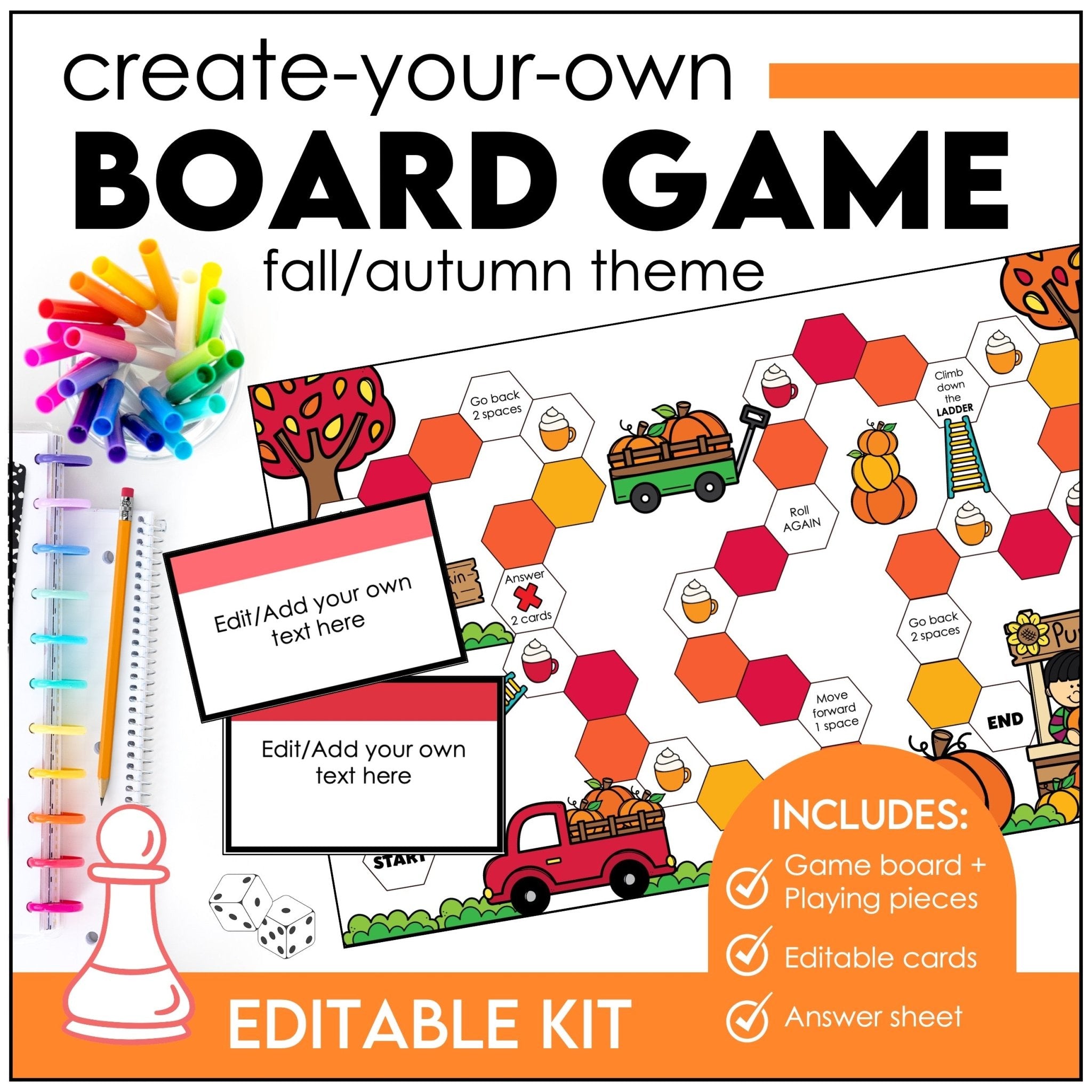 Editable Autumn / Fall Theme Game Board - Create a Board Game for ANY subject - Hot Chocolate Teachables