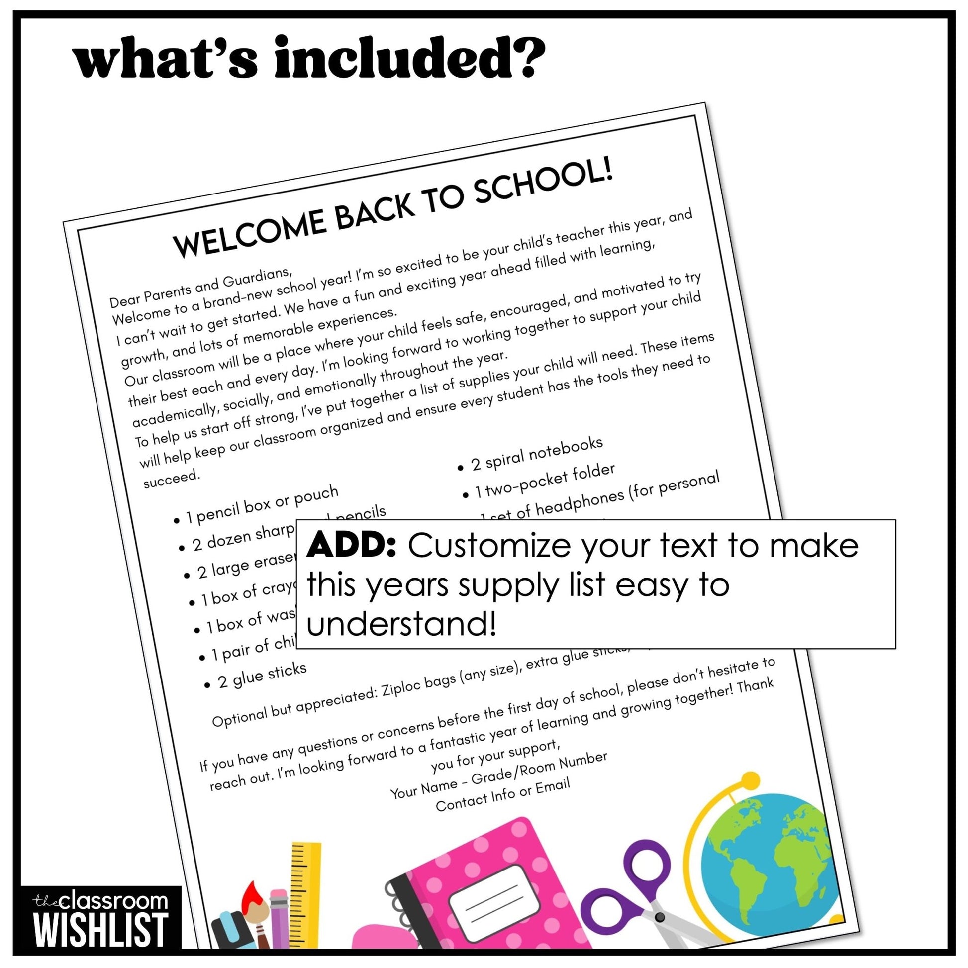 Editable Classroom Supply List Template | Back to School Supplies Parent Letter - Hot Chocolate Teachables