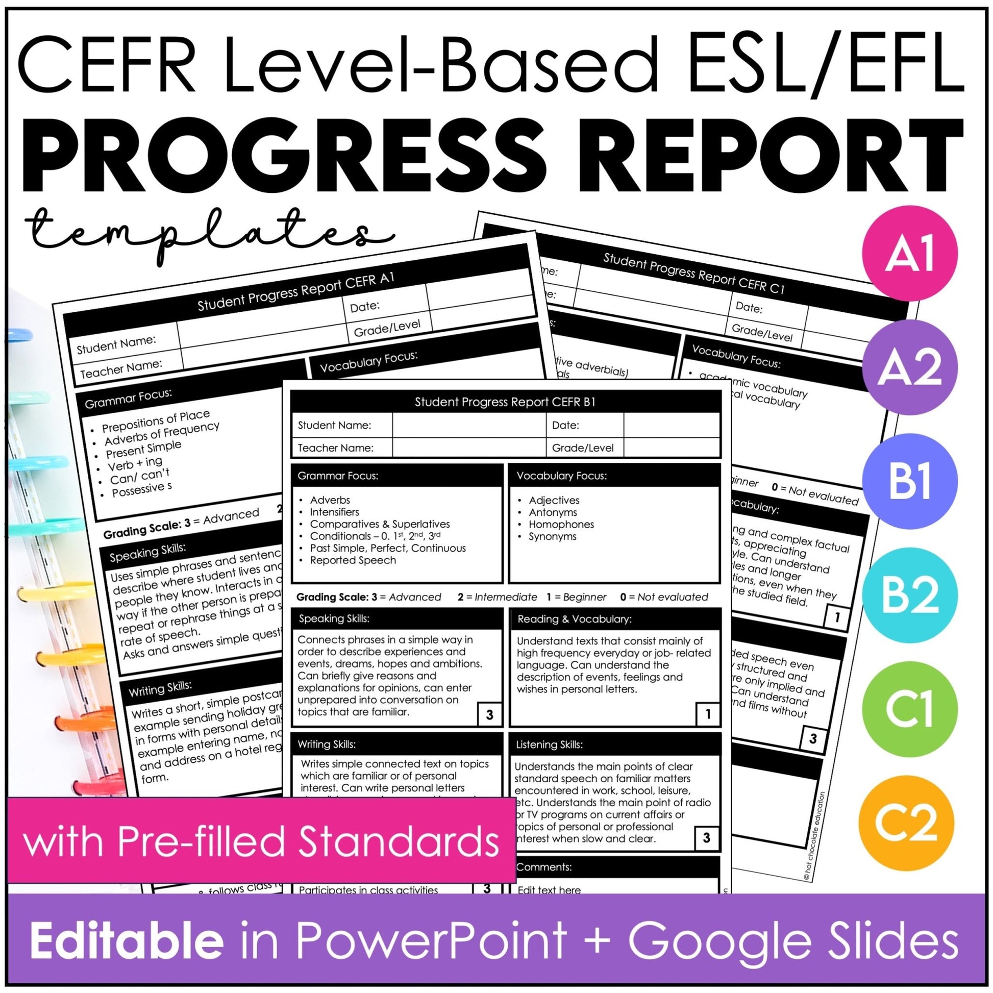 Editable ESL & EFL Progress Reports CEFR Alignment A1 - C2 - Hot Chocolate Teachables