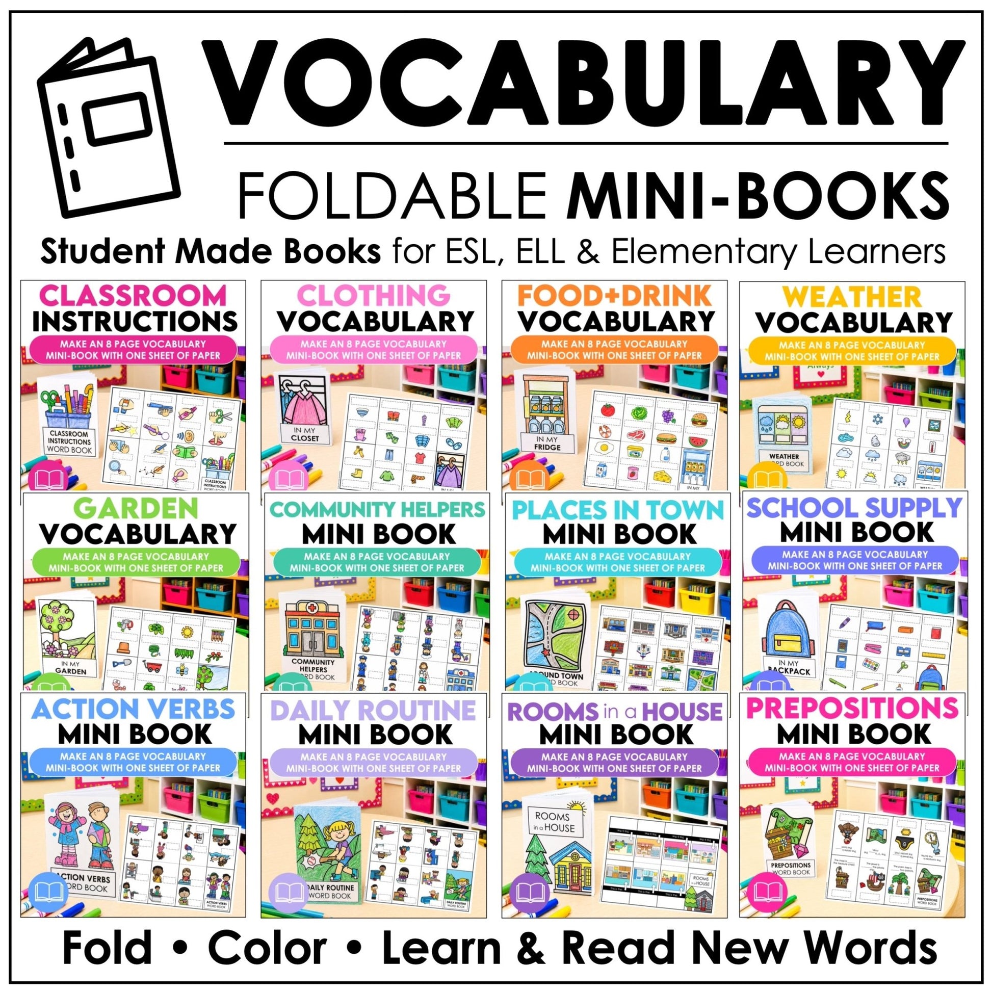 ESL Basic Vocabulary Mini-Books | Seasons, Food, House, Verbs, School, Routine - Hot Chocolate Teachables