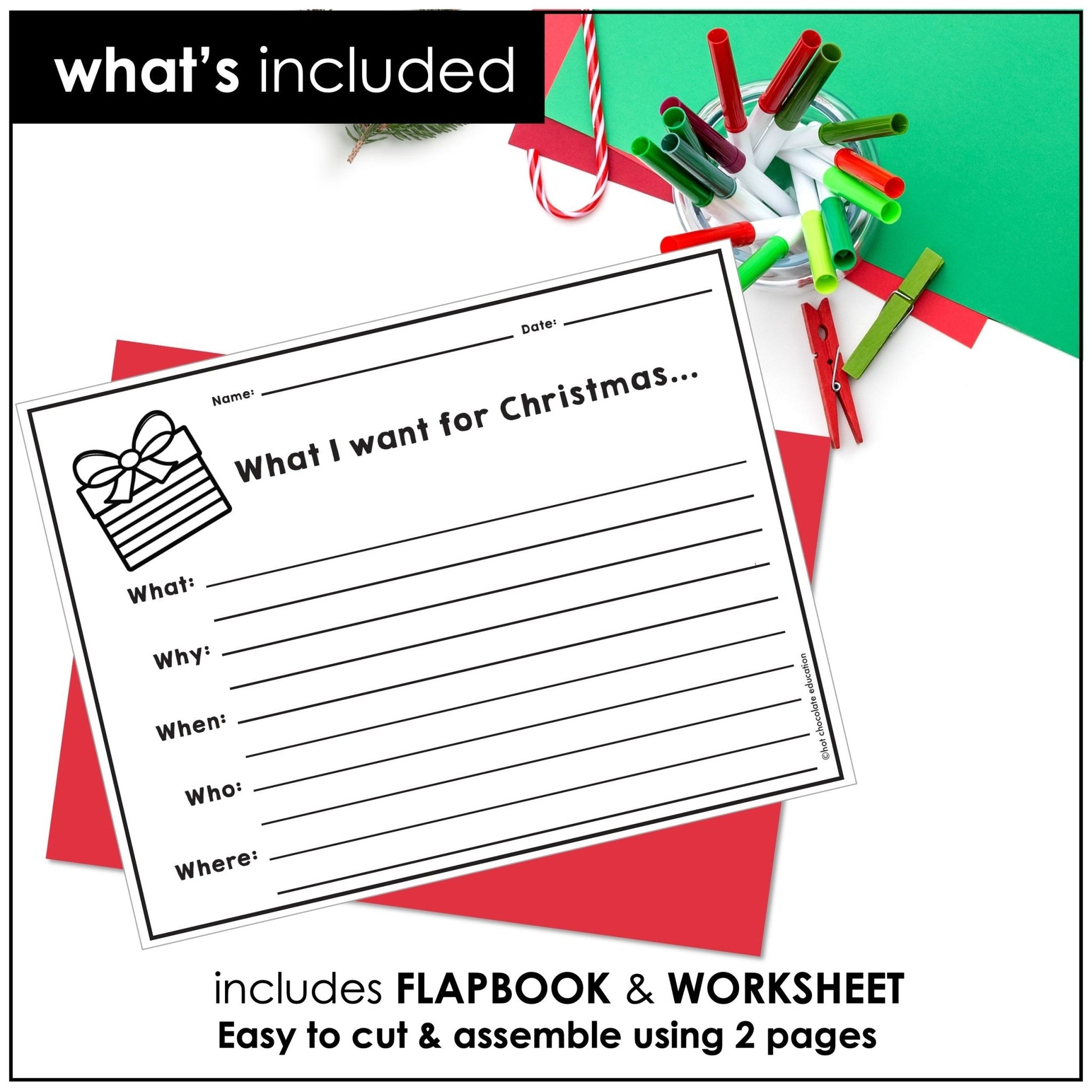 ESL Christmas Writing Activity | WH Question Flap Book | What - Where - When - Why - Who - Hot Chocolate Teachables