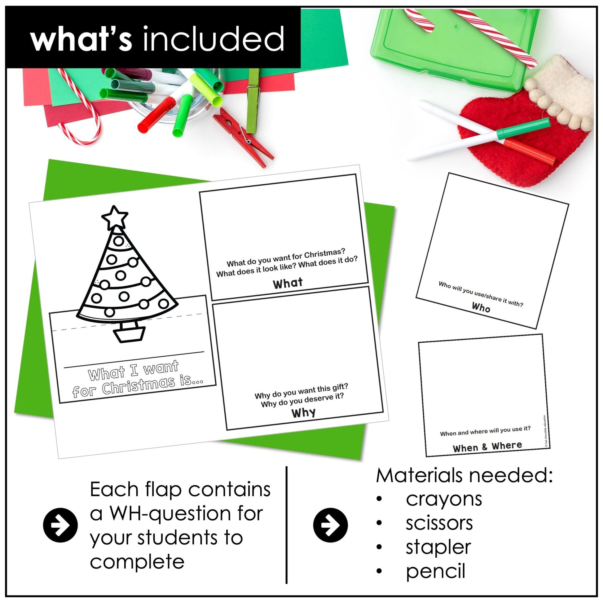 ESL Christmas Writing Activity | WH Question Flap Book | What - Where - When - Why - Who - Hot Chocolate Teachables