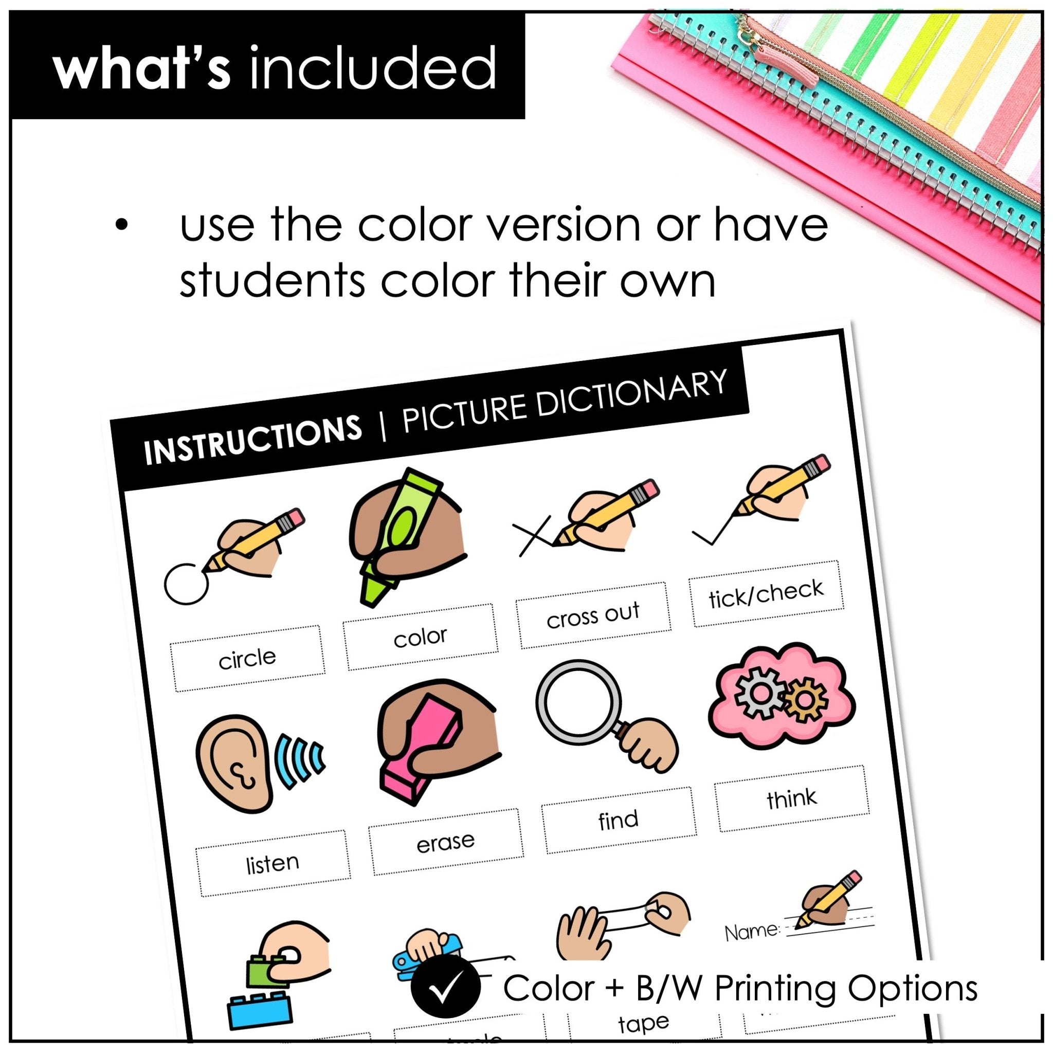 ESL Classroom Instructions Picture Dictionary | Visual Directions Vocabulary Notebook Insert - Hot Chocolate Teachables