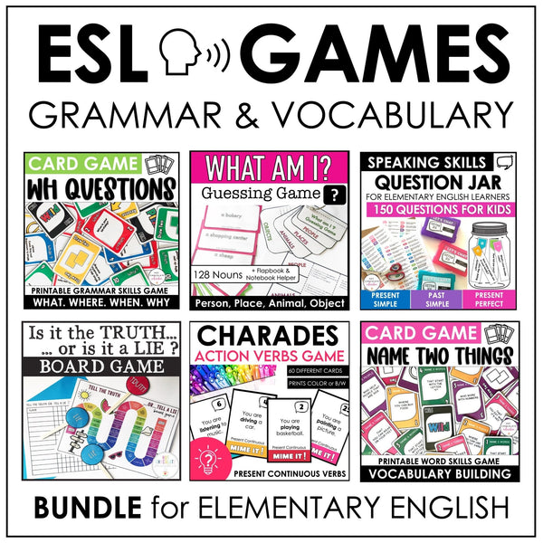 ESL Games Bundle Elementary Grammar and Vocabulary Building Activities - Hot Chocolate Teachables