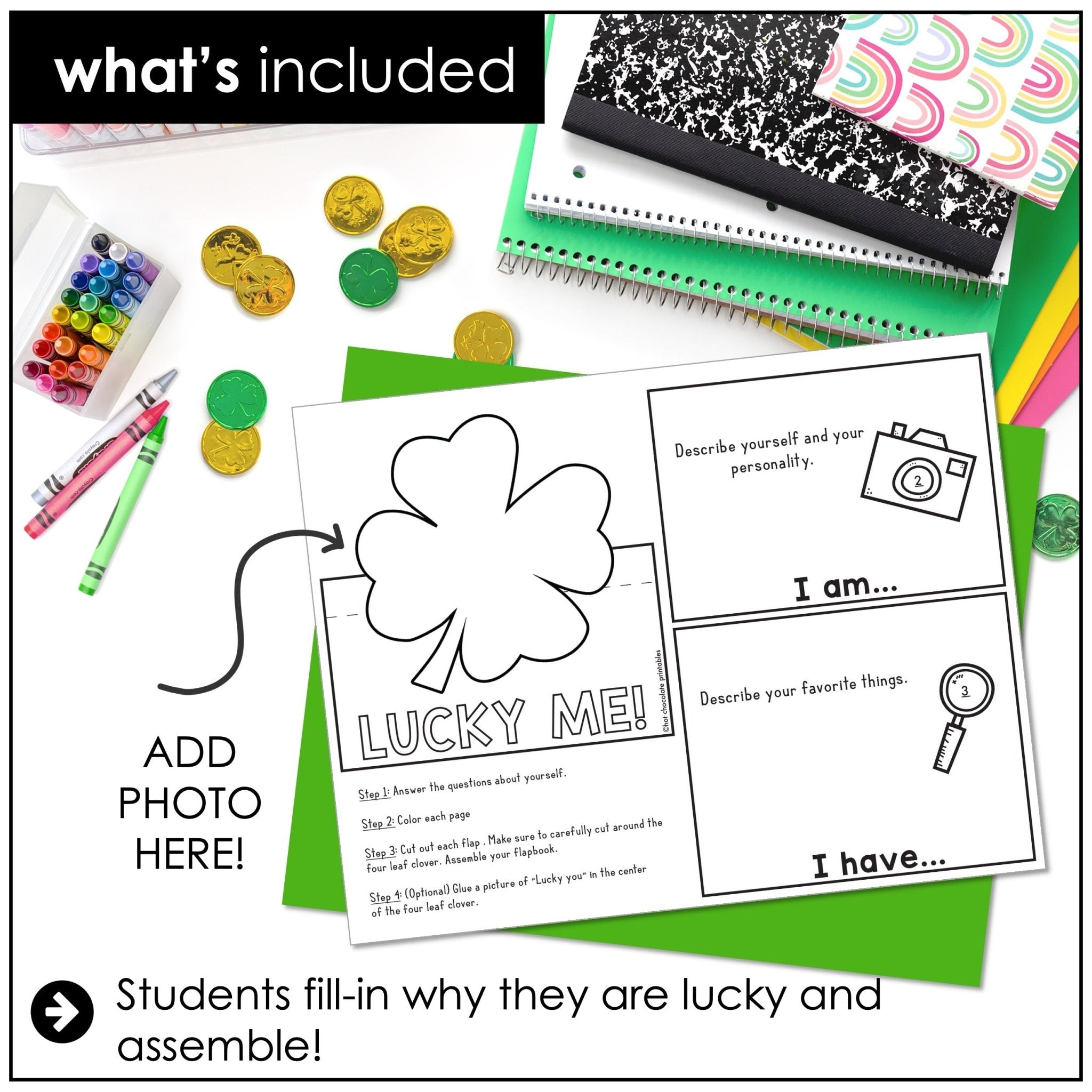 ESL St. Patrick's Day Flap Book - Writing Craft - Simple sentences about me - Hot Chocolate Teachables