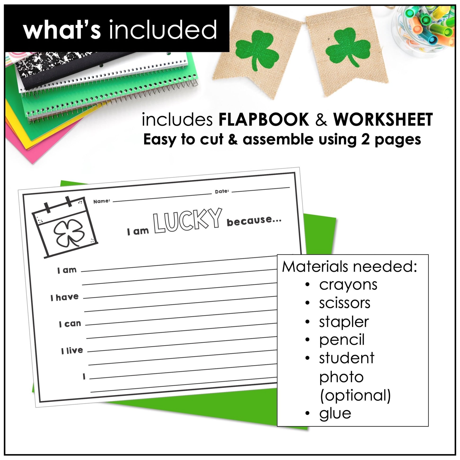 ESL St. Patrick's Day Flap Book - Writing Craft - Simple sentences about me - Hot Chocolate Teachables