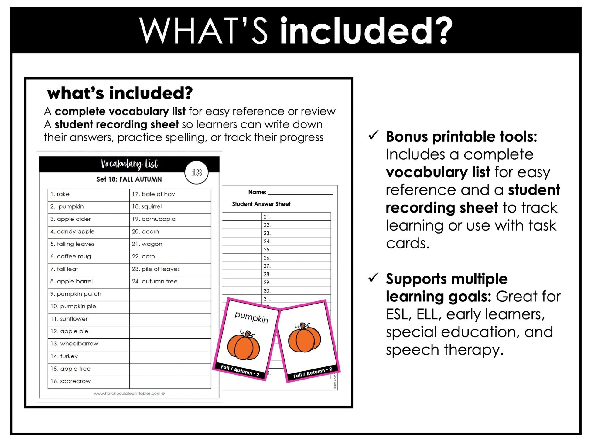 Fall / Autumn Vocabulary Flashcards : ESL task cards - Flash Cards - Hot Chocolate Teachables