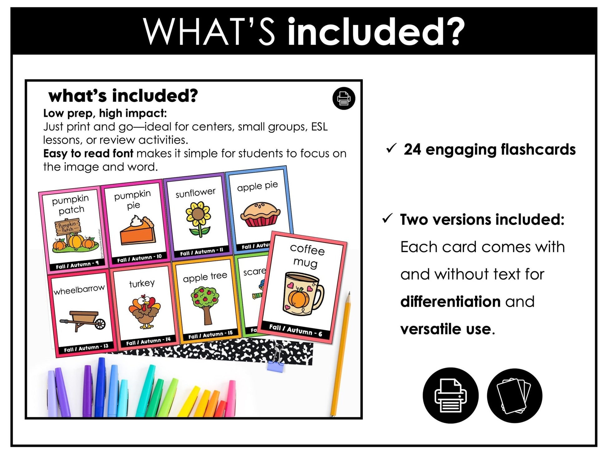 Fall / Autumn Vocabulary Flashcards : ESL task cards - Flash Cards - Hot Chocolate Teachables