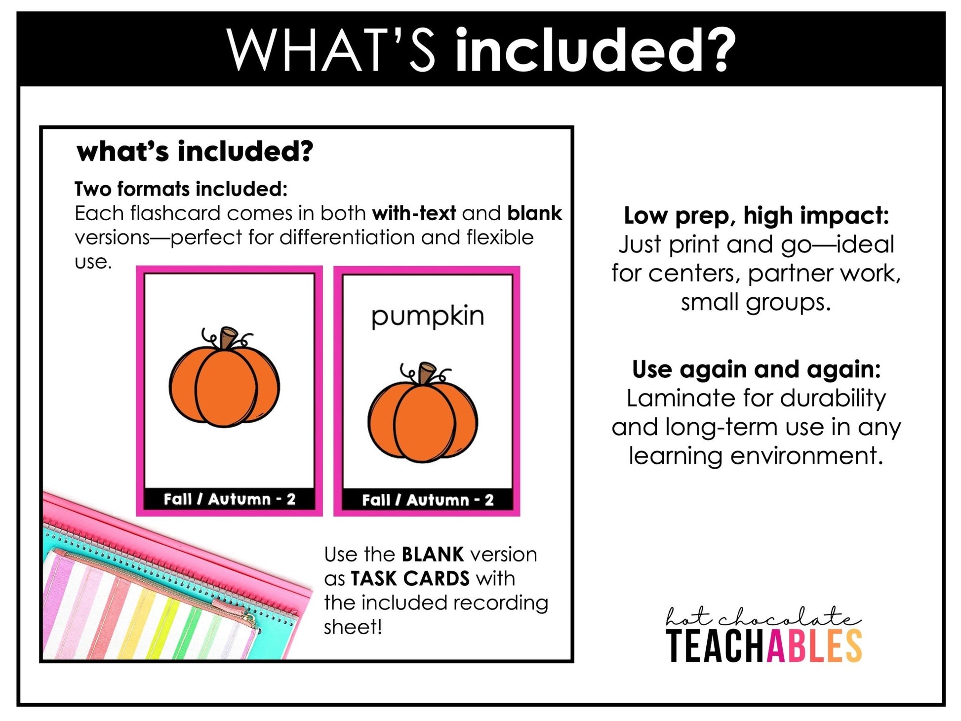 Fall / Autumn Vocabulary Flashcards : ESL task cards - Flash Cards - Hot Chocolate Teachables