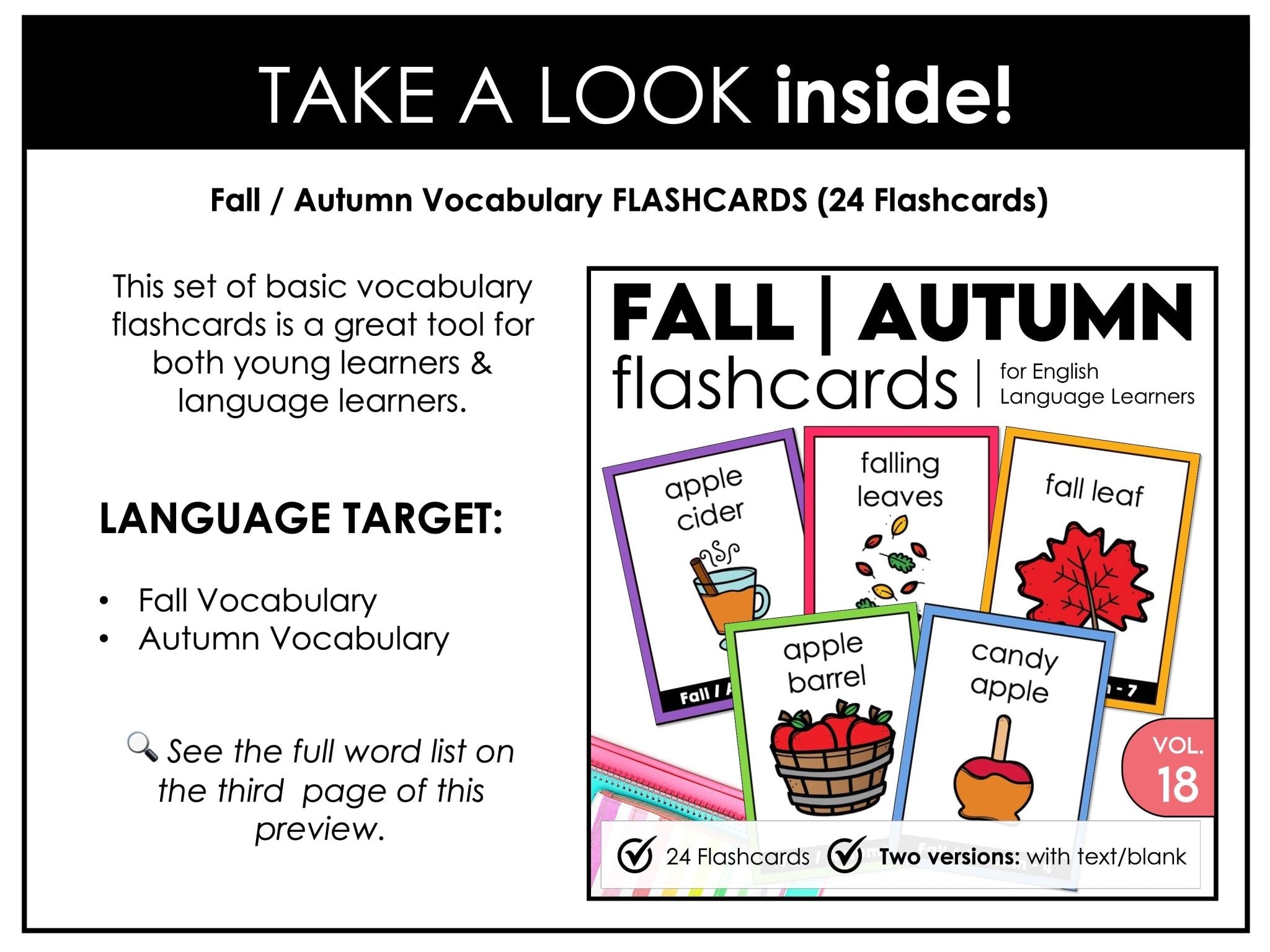 Fall / Autumn Vocabulary Flashcards : ESL task cards - Flash Cards - Hot Chocolate Teachables