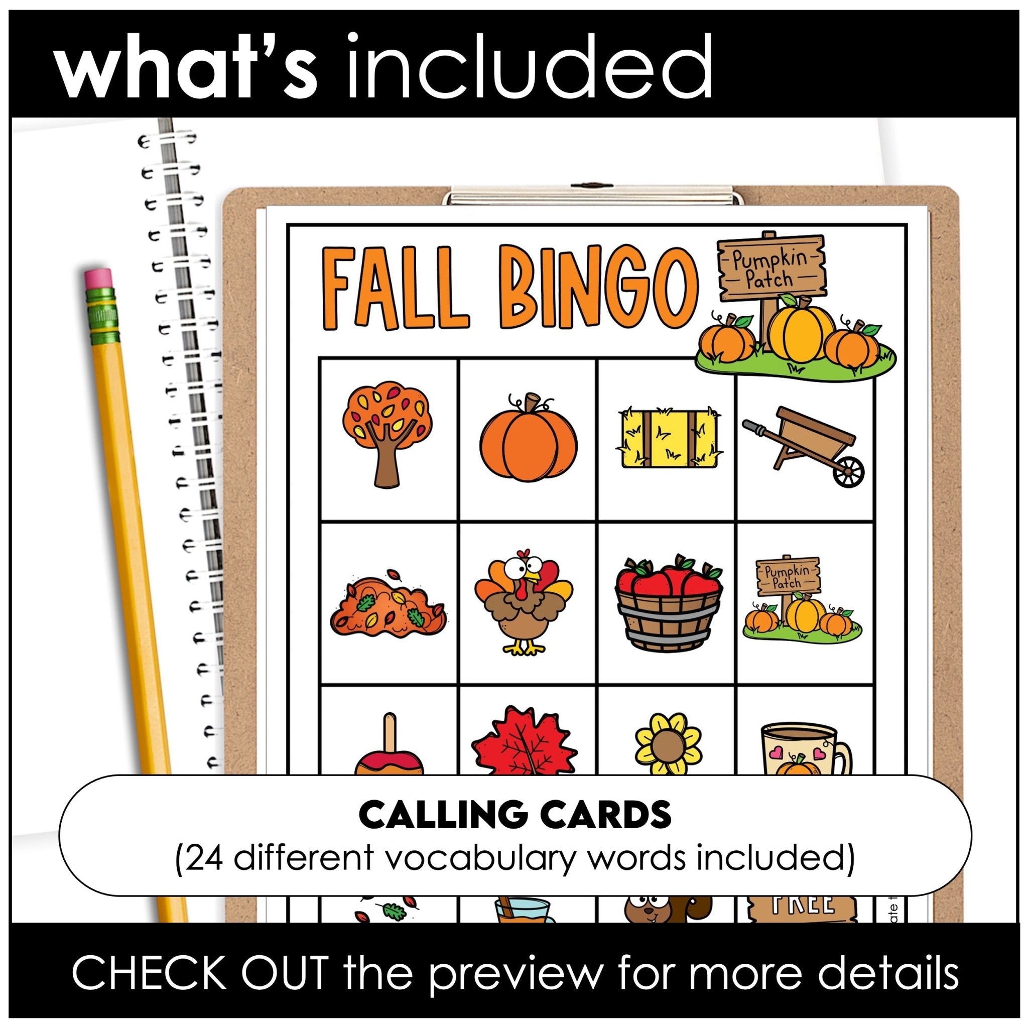 Fall Vocabulary Bingo Game | Autumn Words - Activity for Young Learners - Hot Chocolate Teachables