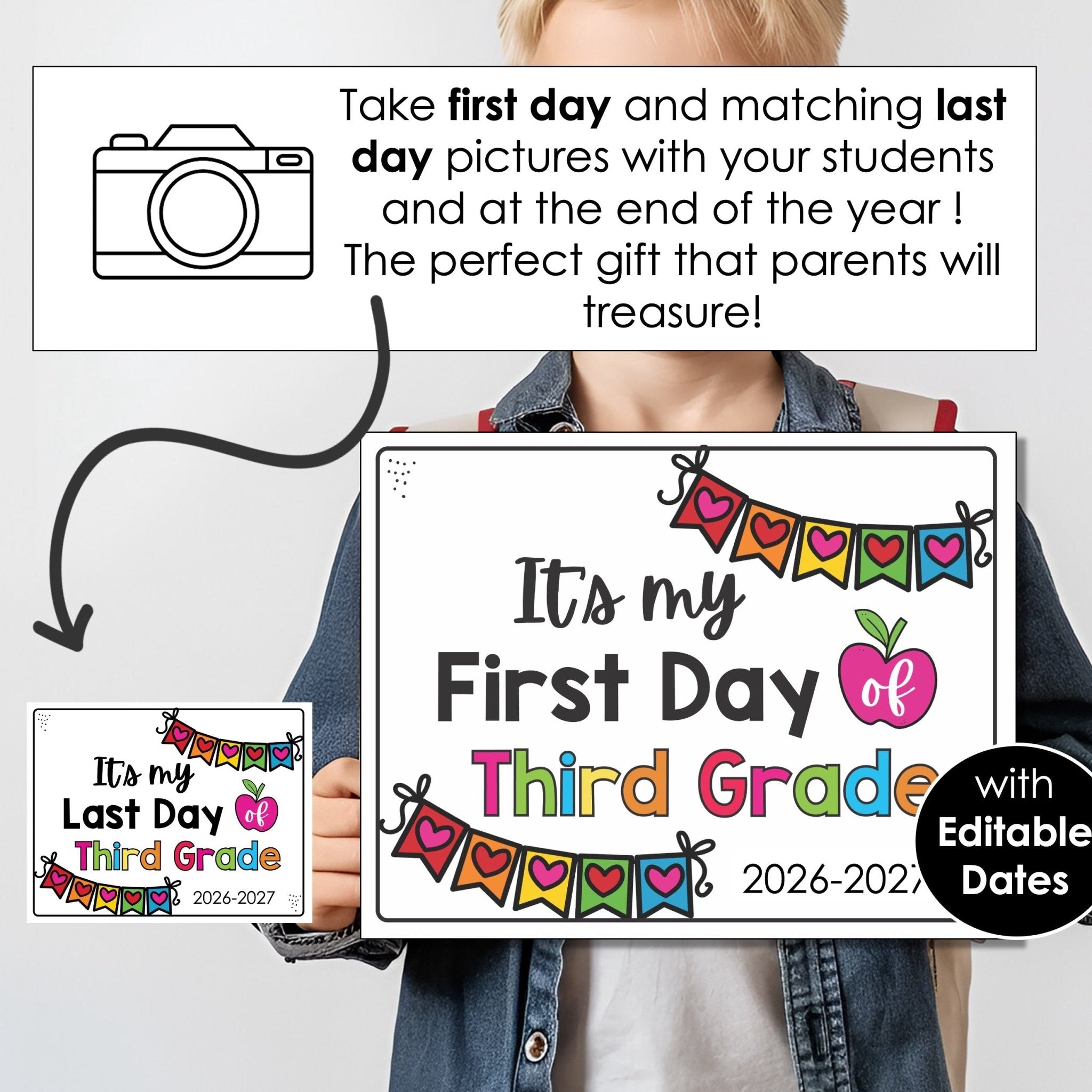 First Day of School Photo Sign - Preschool & K - 6 with Editable Dates & Yearly Updates - Hot Chocolate Teachables