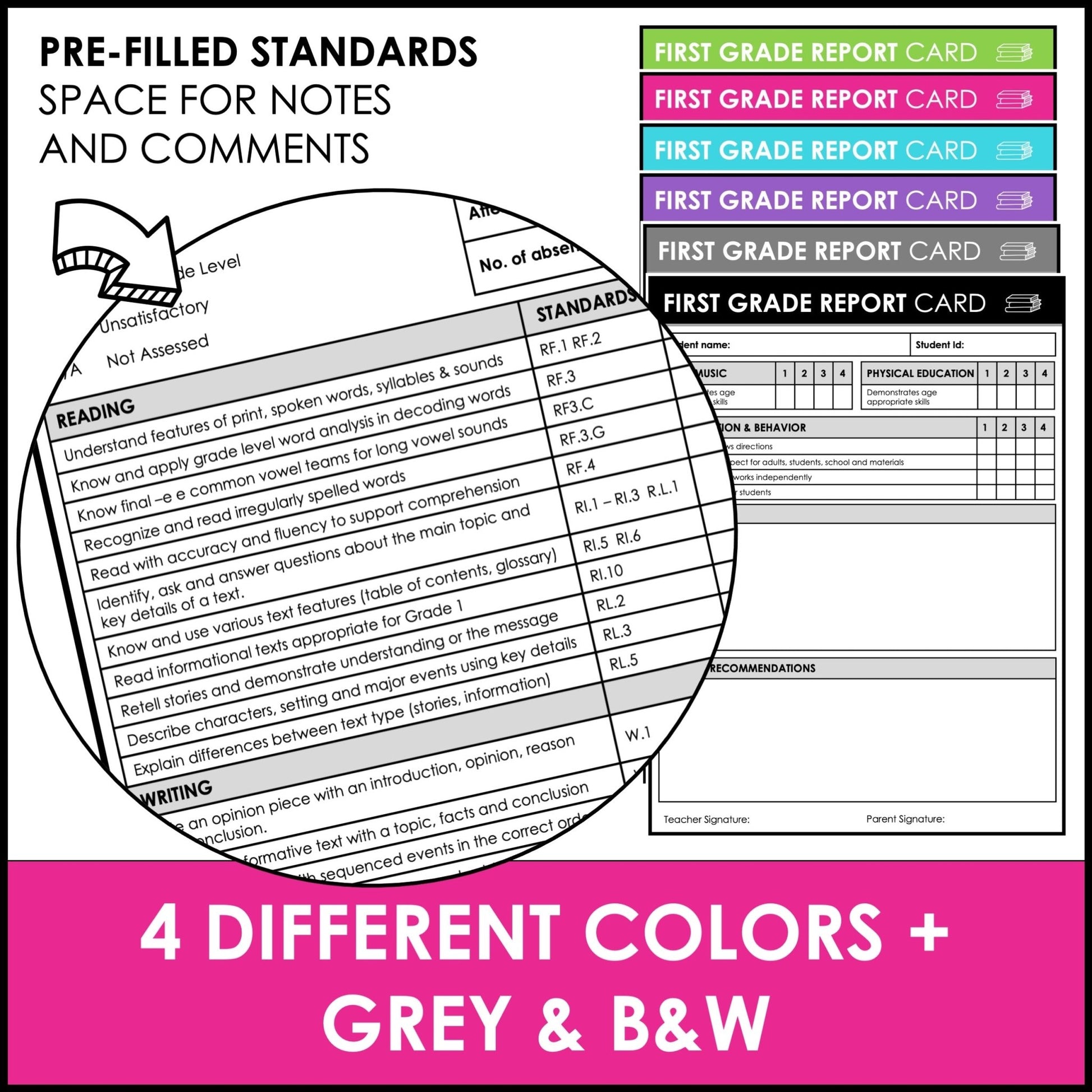 First Grade Editable Report Card Templates with Common Core Aligned Standards - Hot Chocolate Teachables
