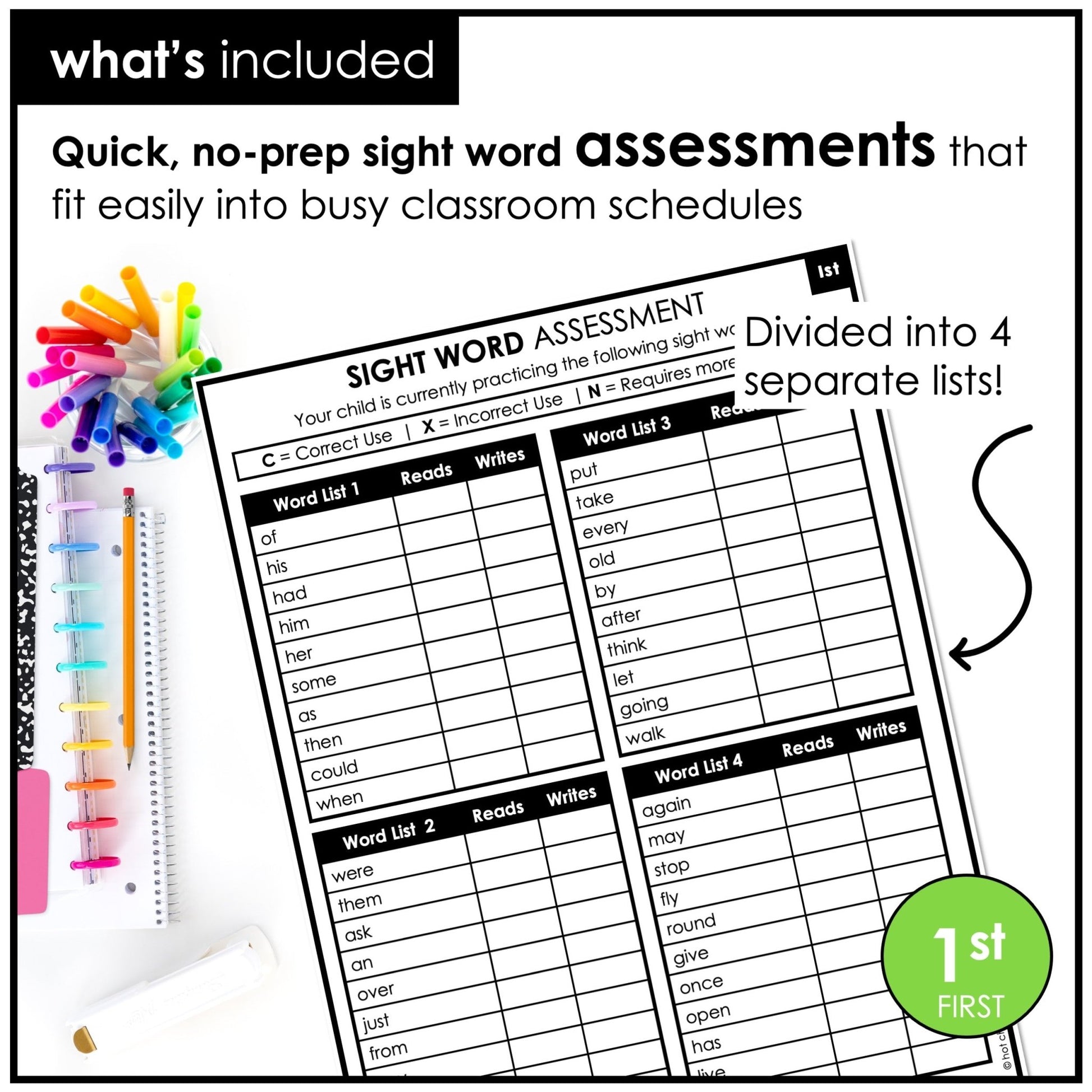 First Grade Sight Word Assessment Pack | Dolch High Frequency Word Progress Monitoring & Evaluation - Hot Chocolate Teachables